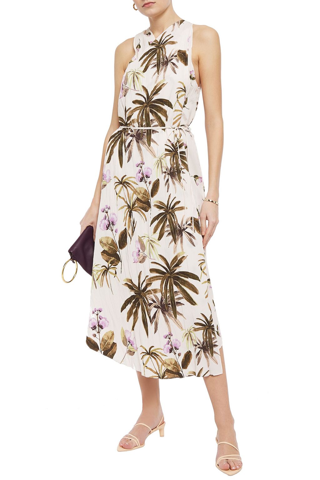 VINCE. Belted floral-print plissé-crepe midi dress
