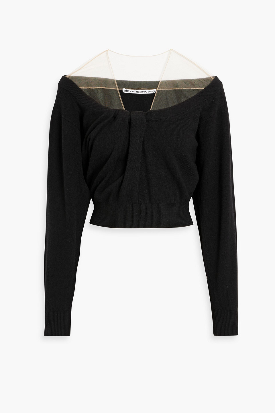 Alexander Wang Cropped Gathered Tulle-paneled Wool-blend Sweater In Black