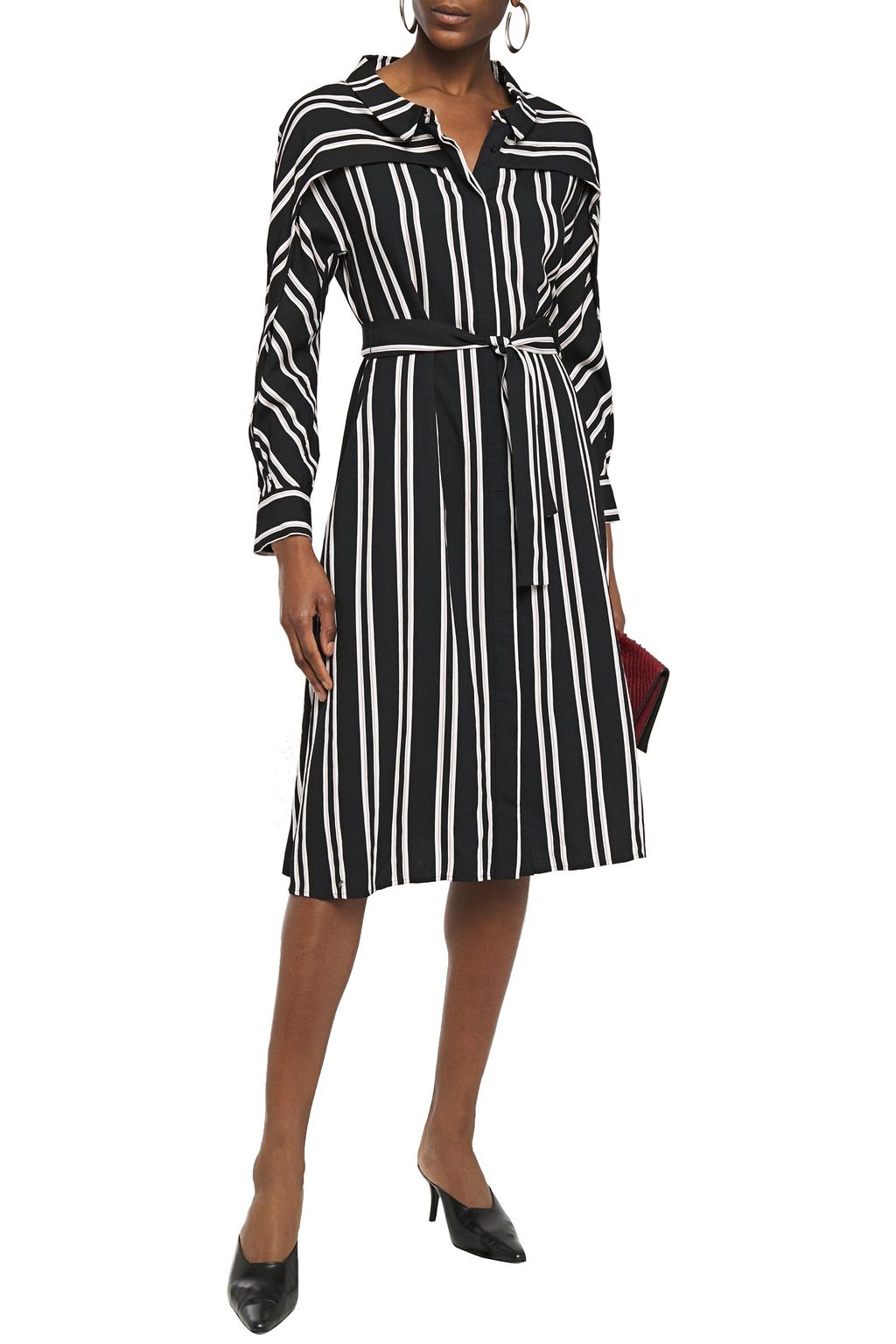 MAJE Belted striped twill midi dress