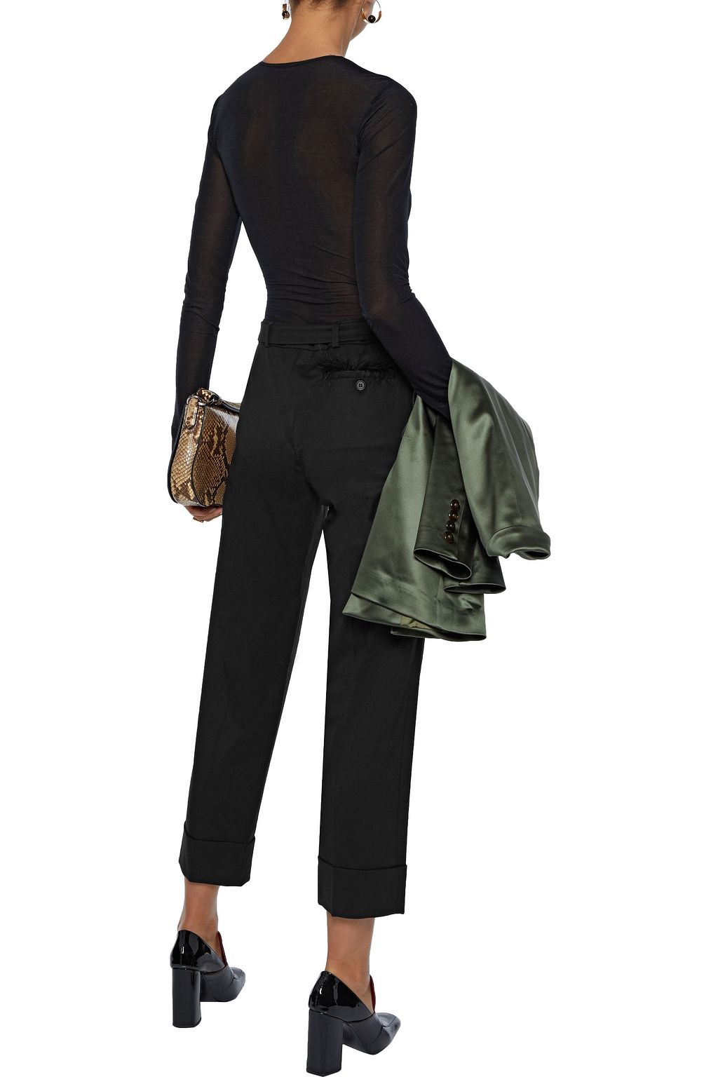 SIMONE ROCHA Belted feather-trimmed wool-blend twill straight-leg pants