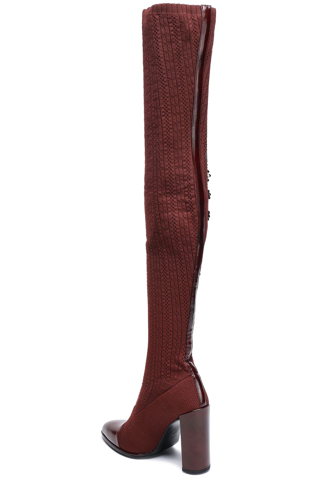 STUART WEITZMAN Leather-trimmed embellished pointelle-knit over-the-knee boots