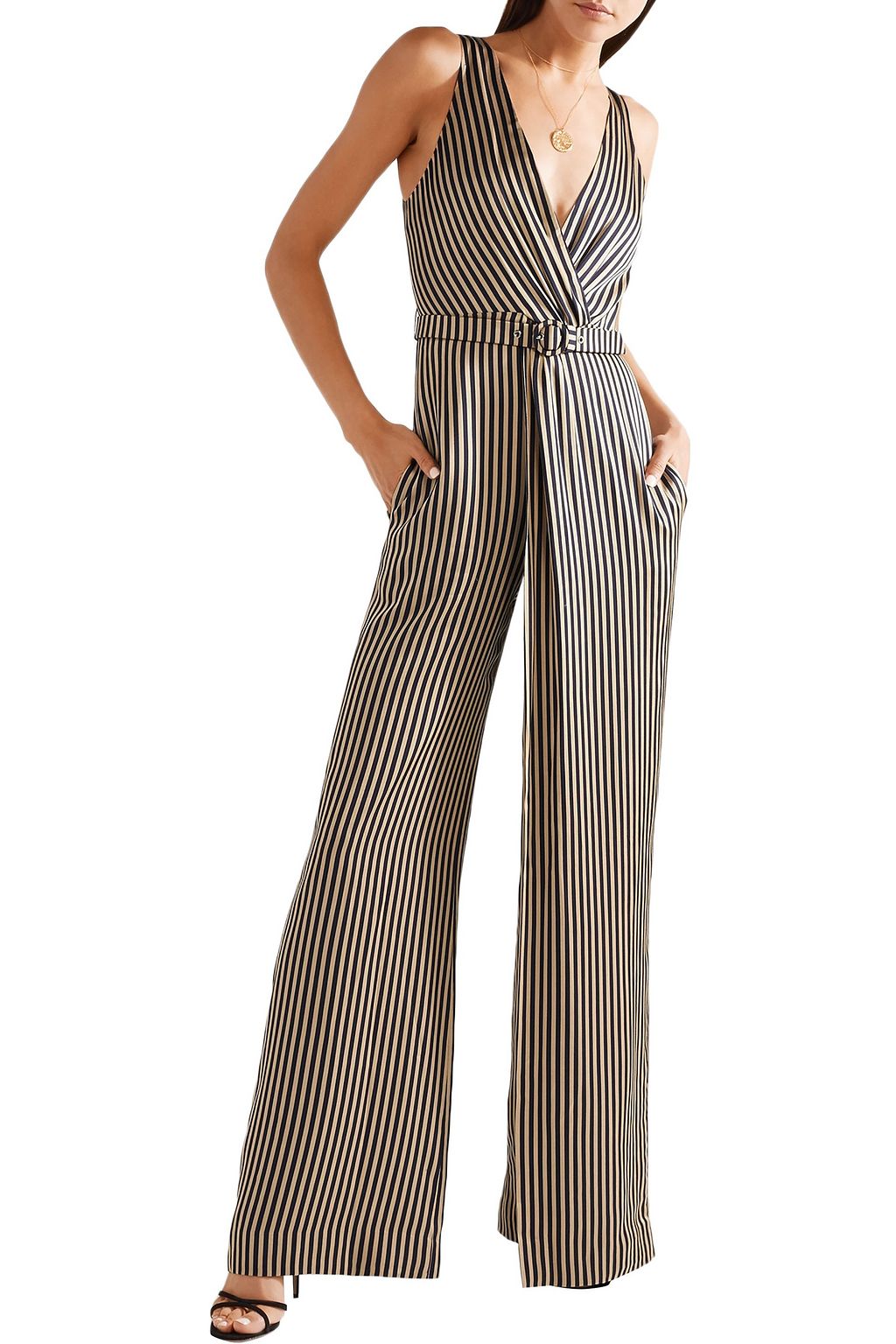 SIMKHAI Wrap-effect striped sateen jumpsuit