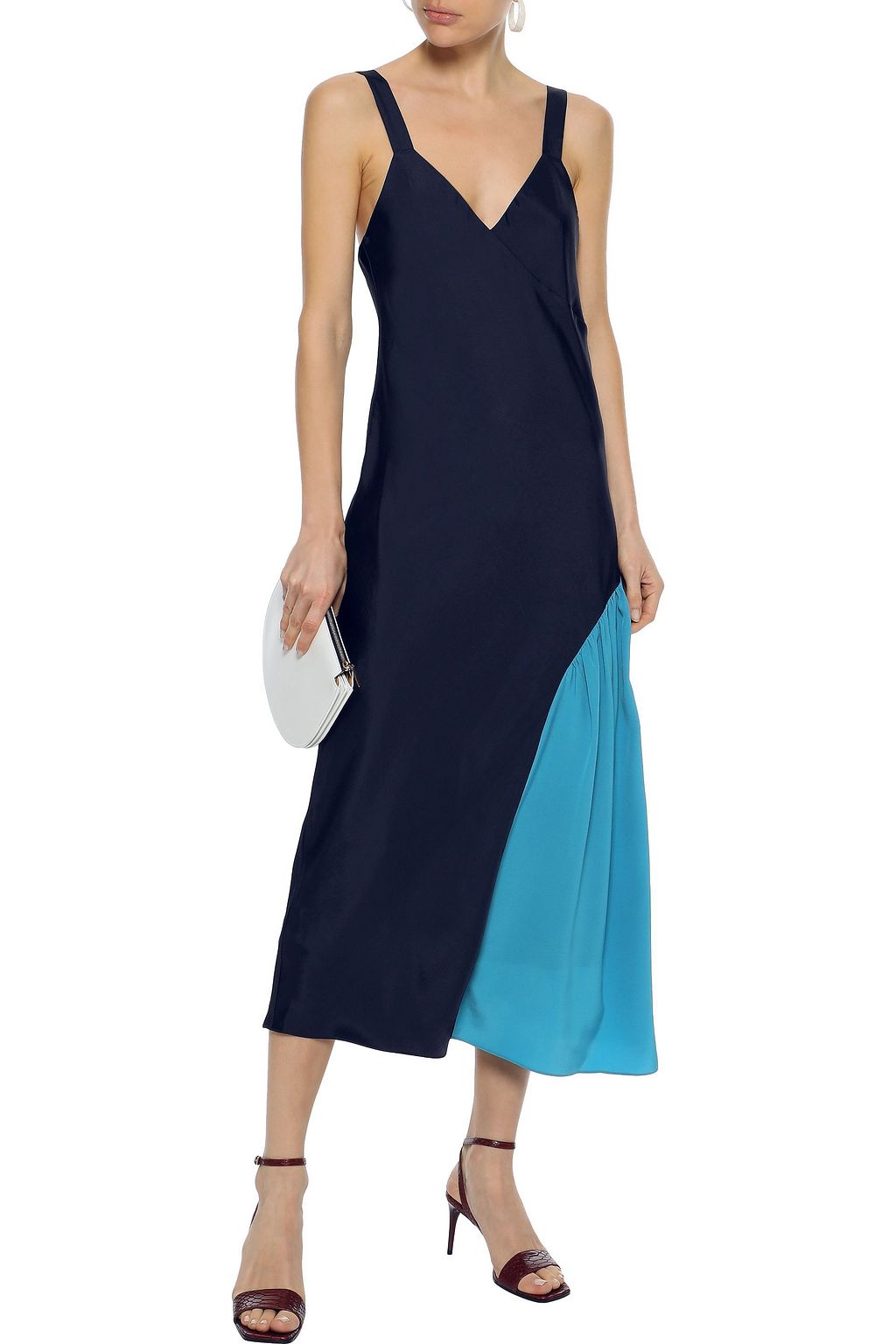 TIBI Crepe de chine-paneled twill midi slip dress