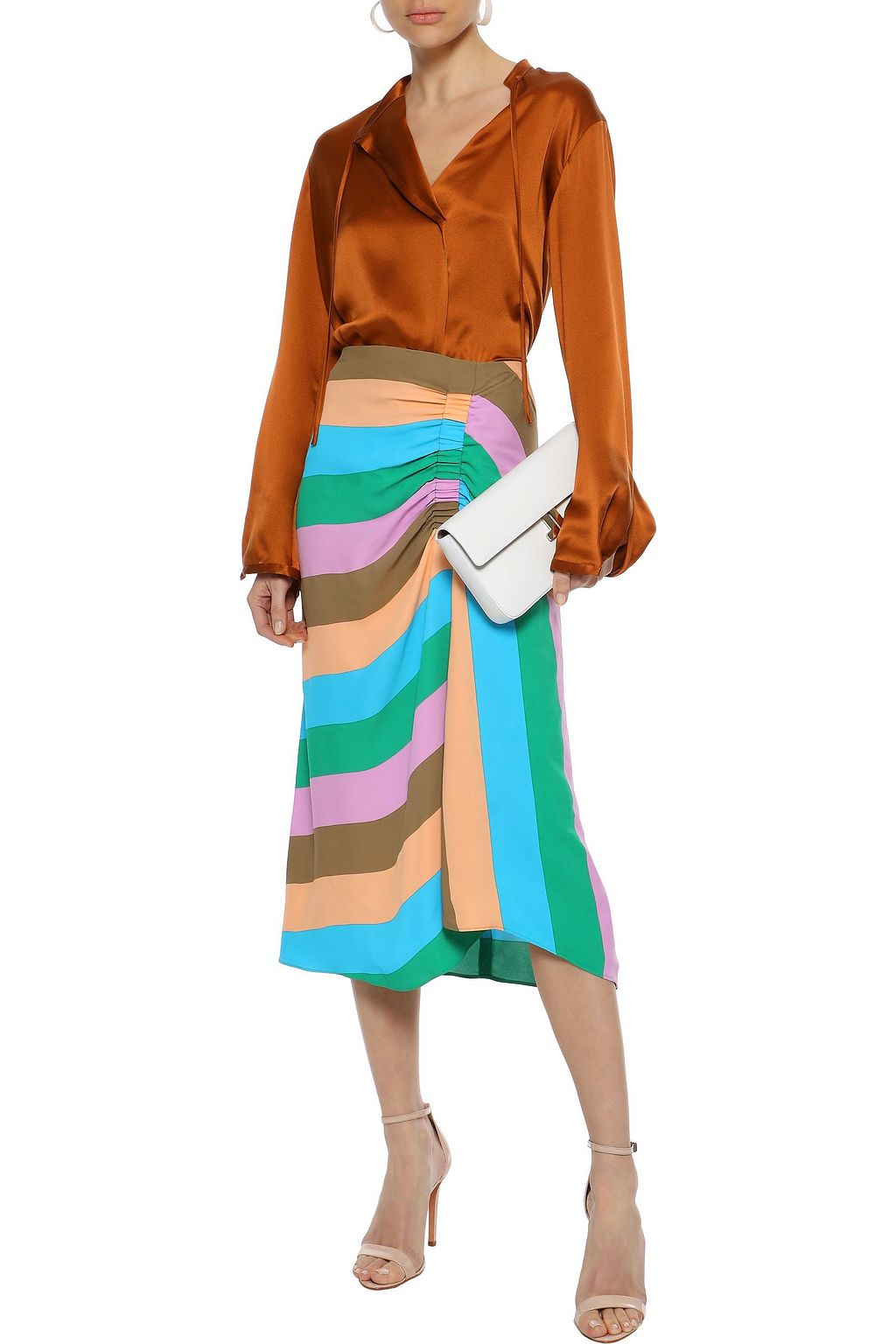 TIBI Julian ruched striped crepe midi skirt