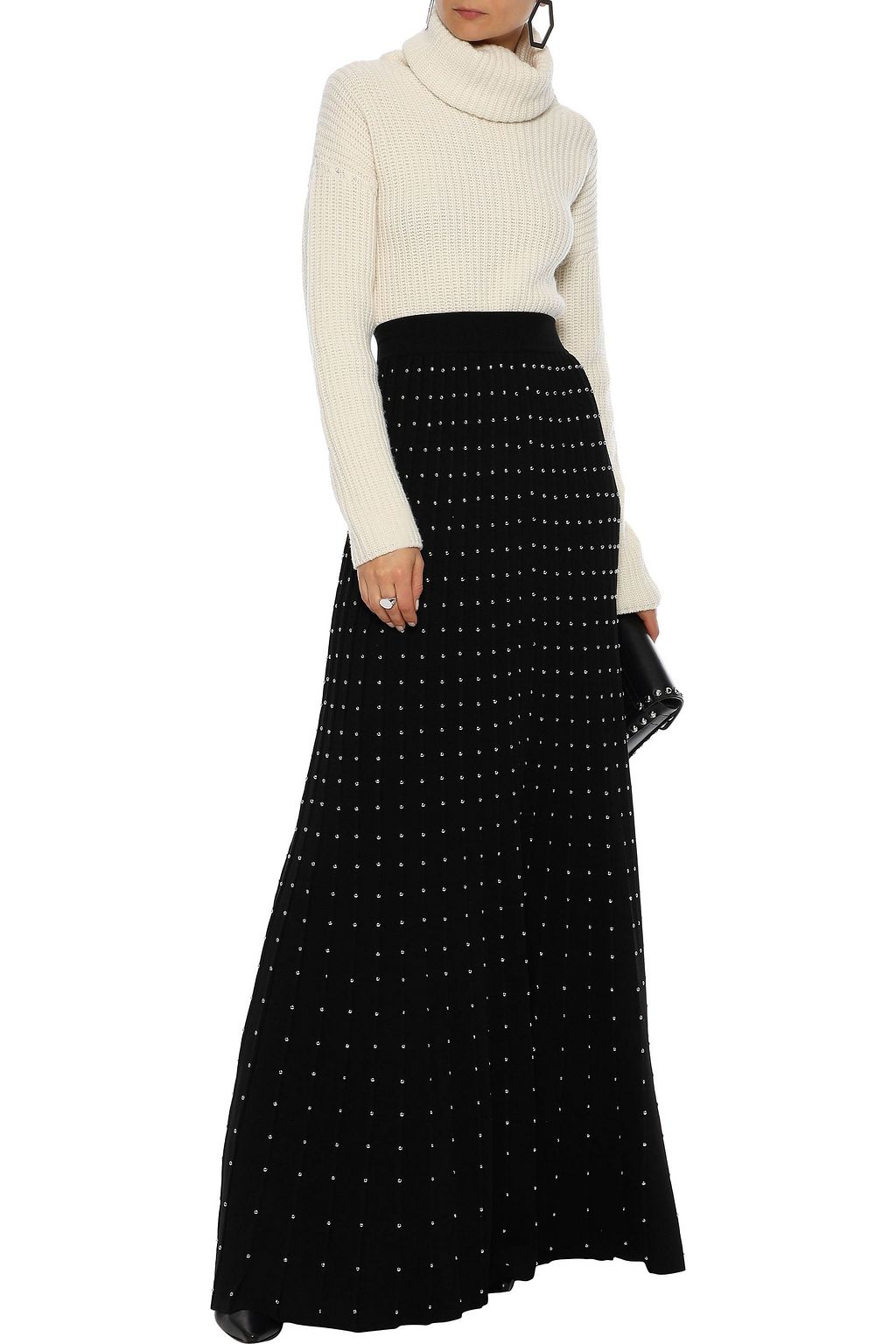 BALMAIN Studded pleated wool-blend maxi skirt