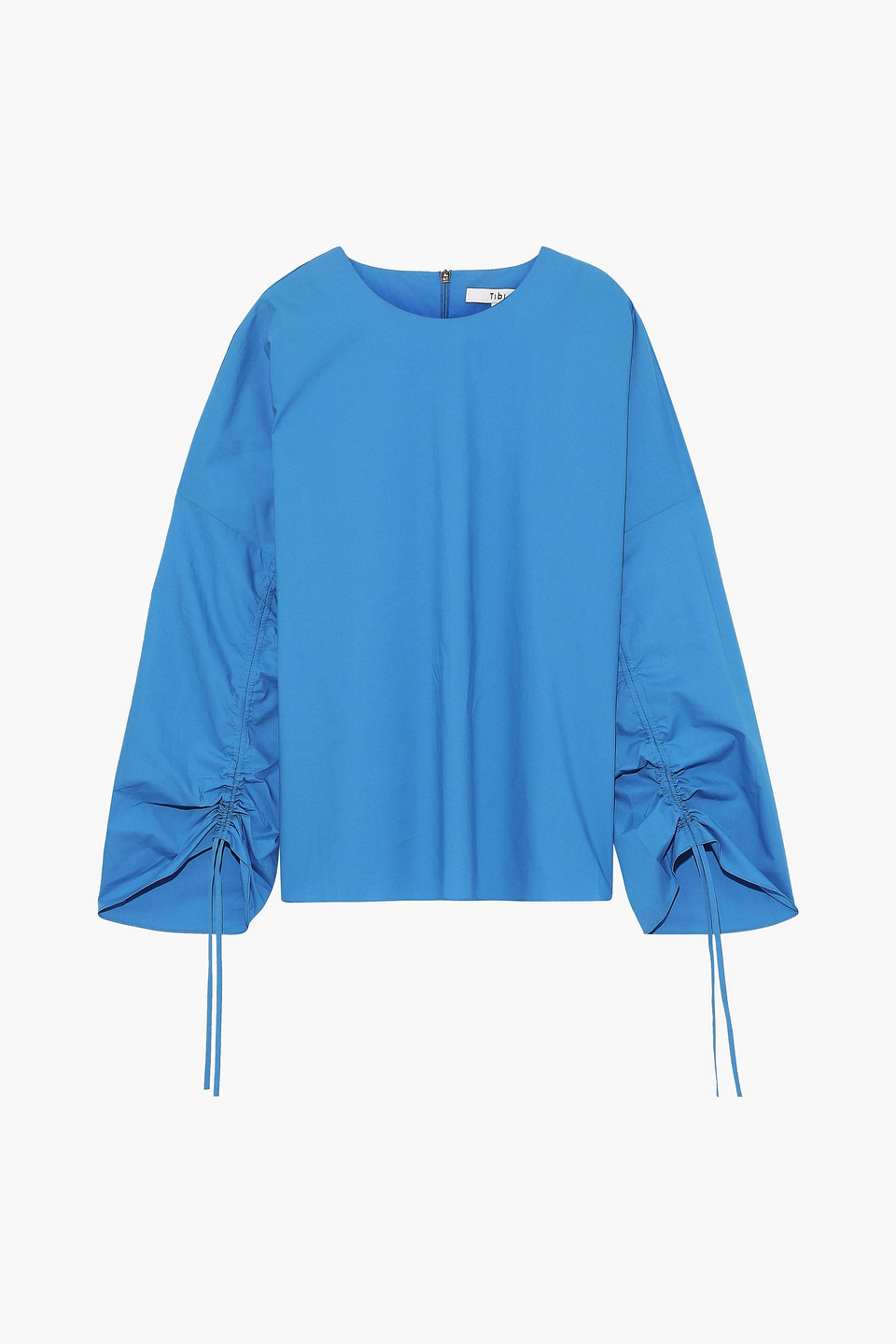 tibi - ruched cotton-poplin top - blue - s