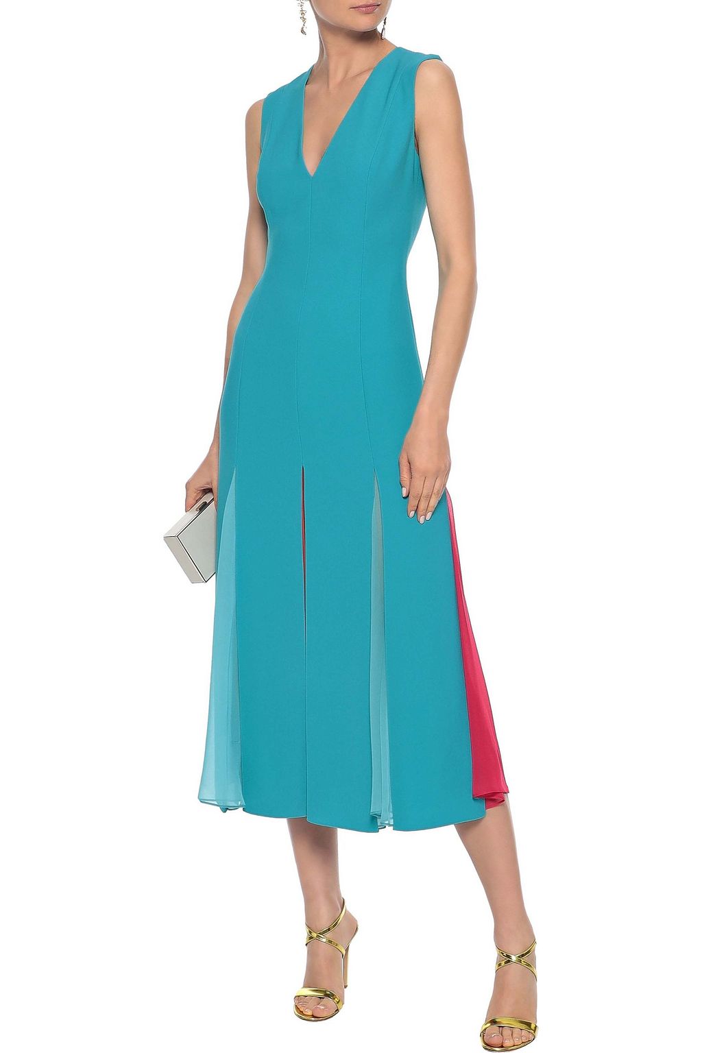 CAROLINA HERRERA Pleated georgette-paneled crepe midi dress