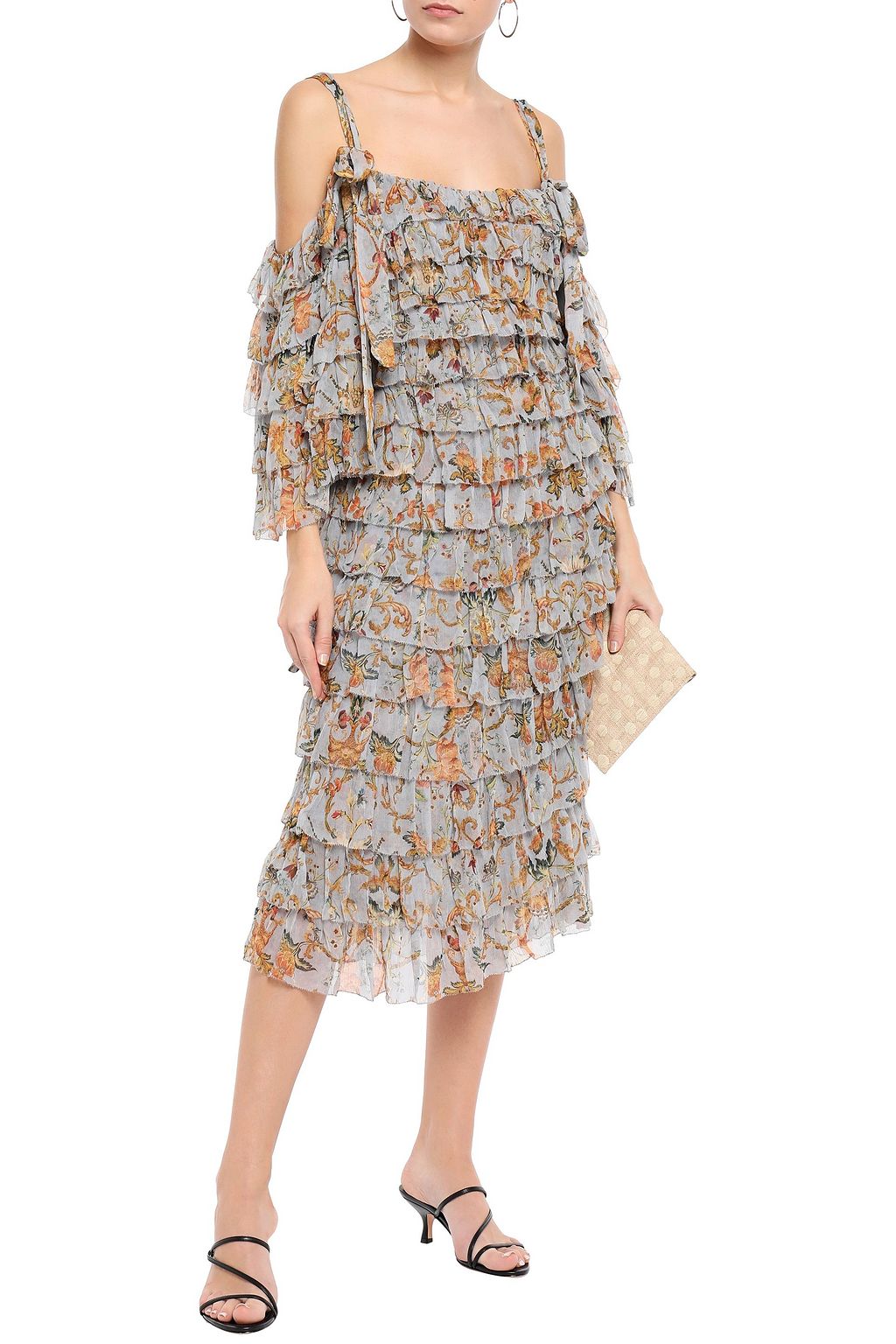 ZIMMERMANN Cold-shoulder tiered printed cutout silk-georgette midi dress
