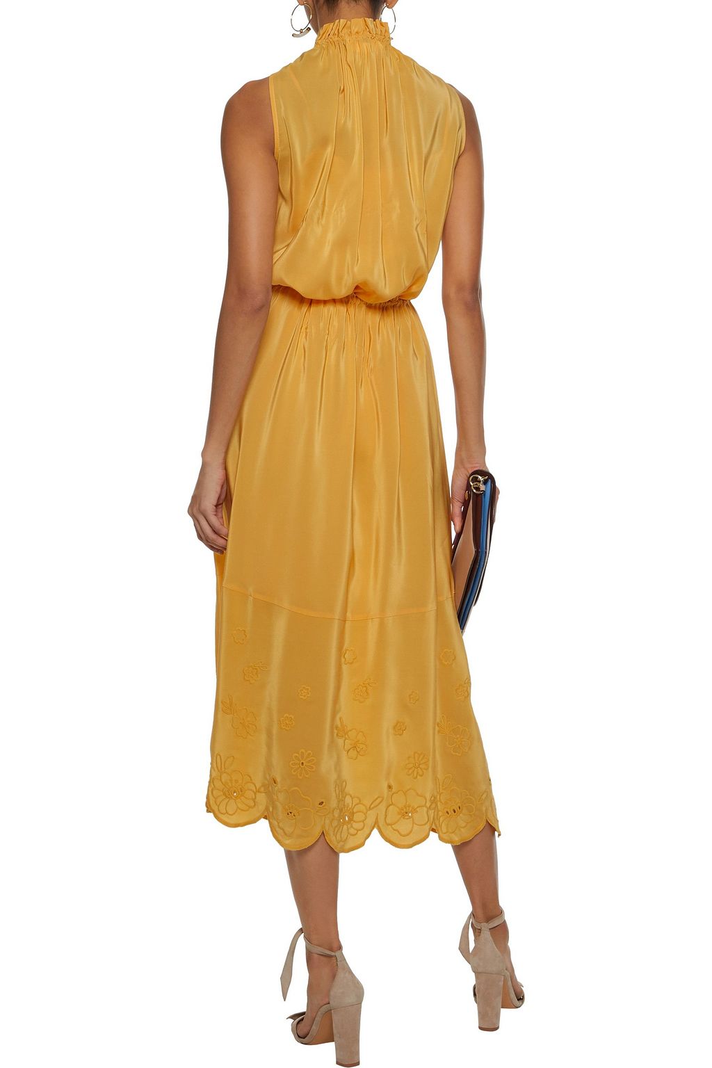SEE BY CHLOÉ Gathered broderie anglaise-trimmed crepe de chine midi dress