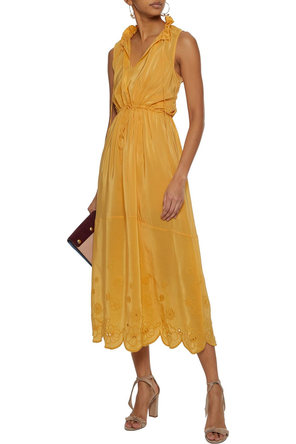 SEE BY CHLOÉ Gathered broderie anglaise-trimmed crepe de chine midi dress
