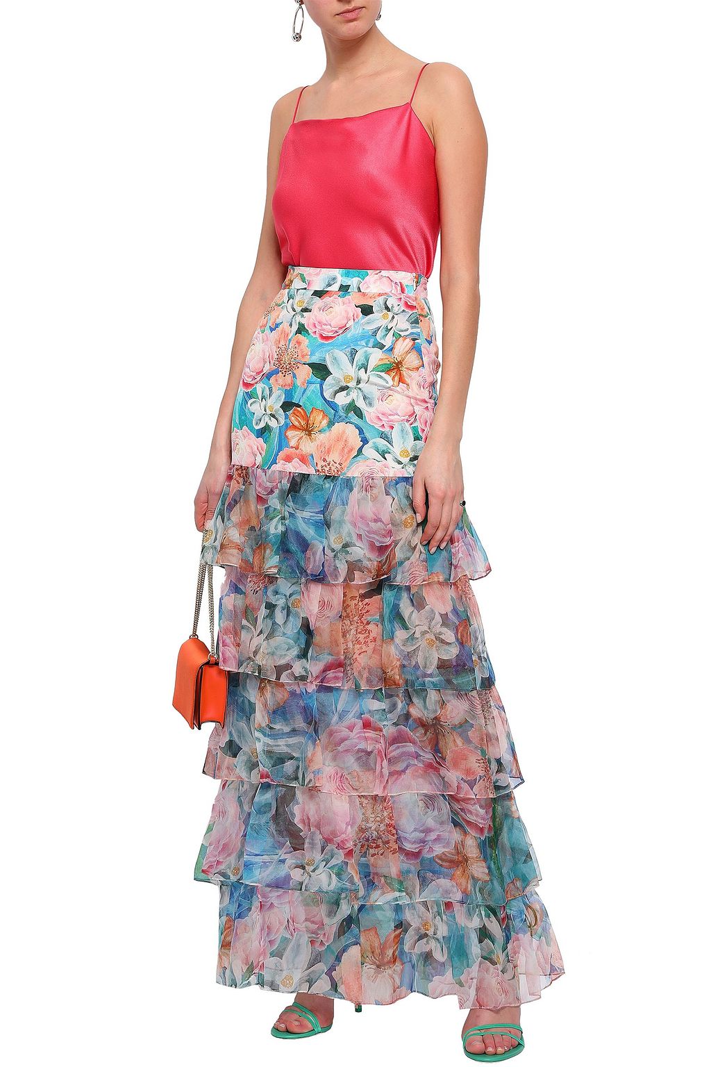 ISOLDA Tiered floral-print cady and organza maxi skirt