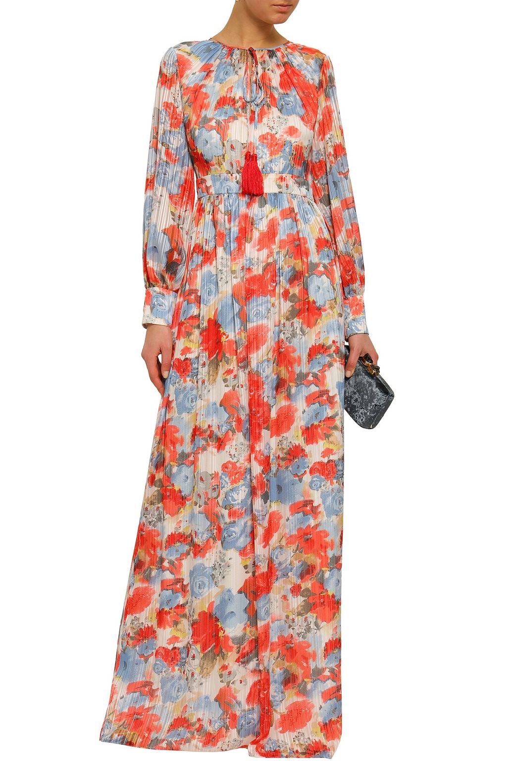 MIKAEL AGHAL Tasseled floral-print plissé-georgette gown