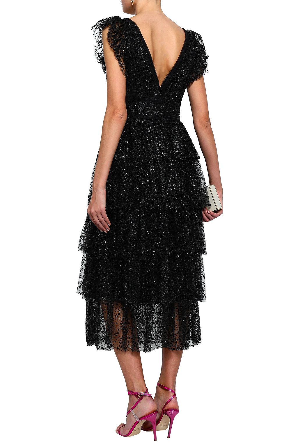MARCHESA NOTTE Tiered glittered tulle midi dress