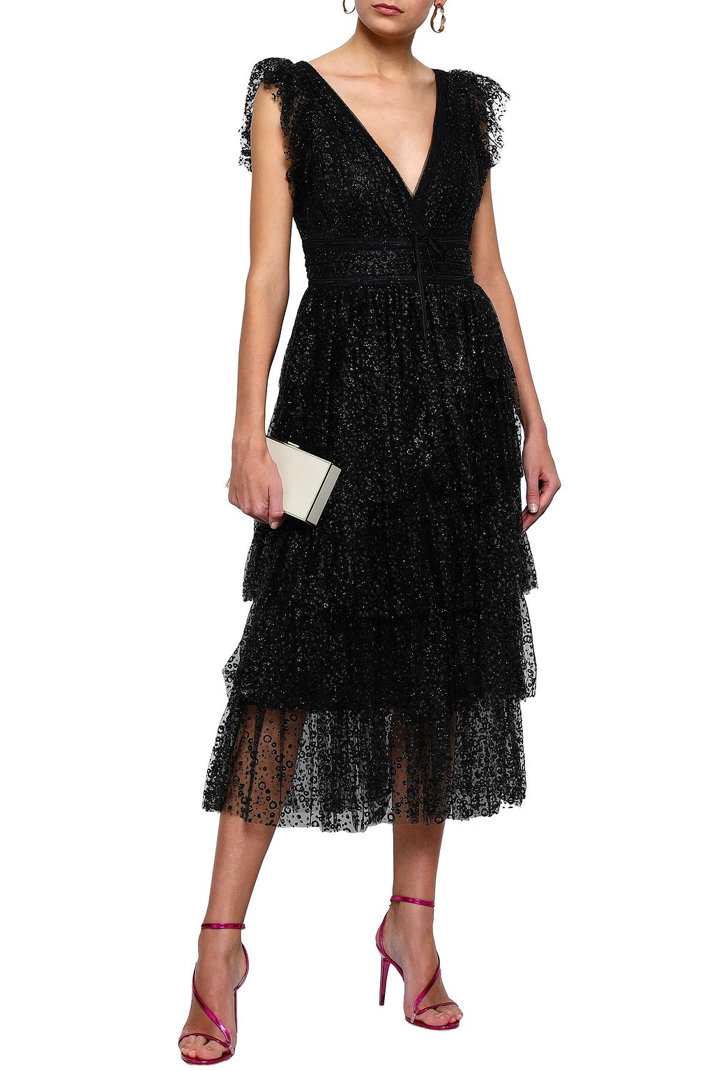 MARCHESA NOTTE Tiered glittered tulle midi dress