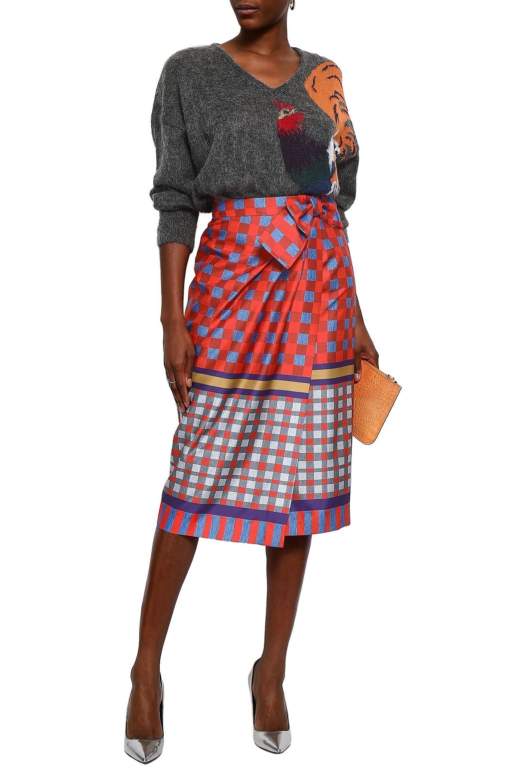 STELLA JEAN Bow-embellished checked twill skirt