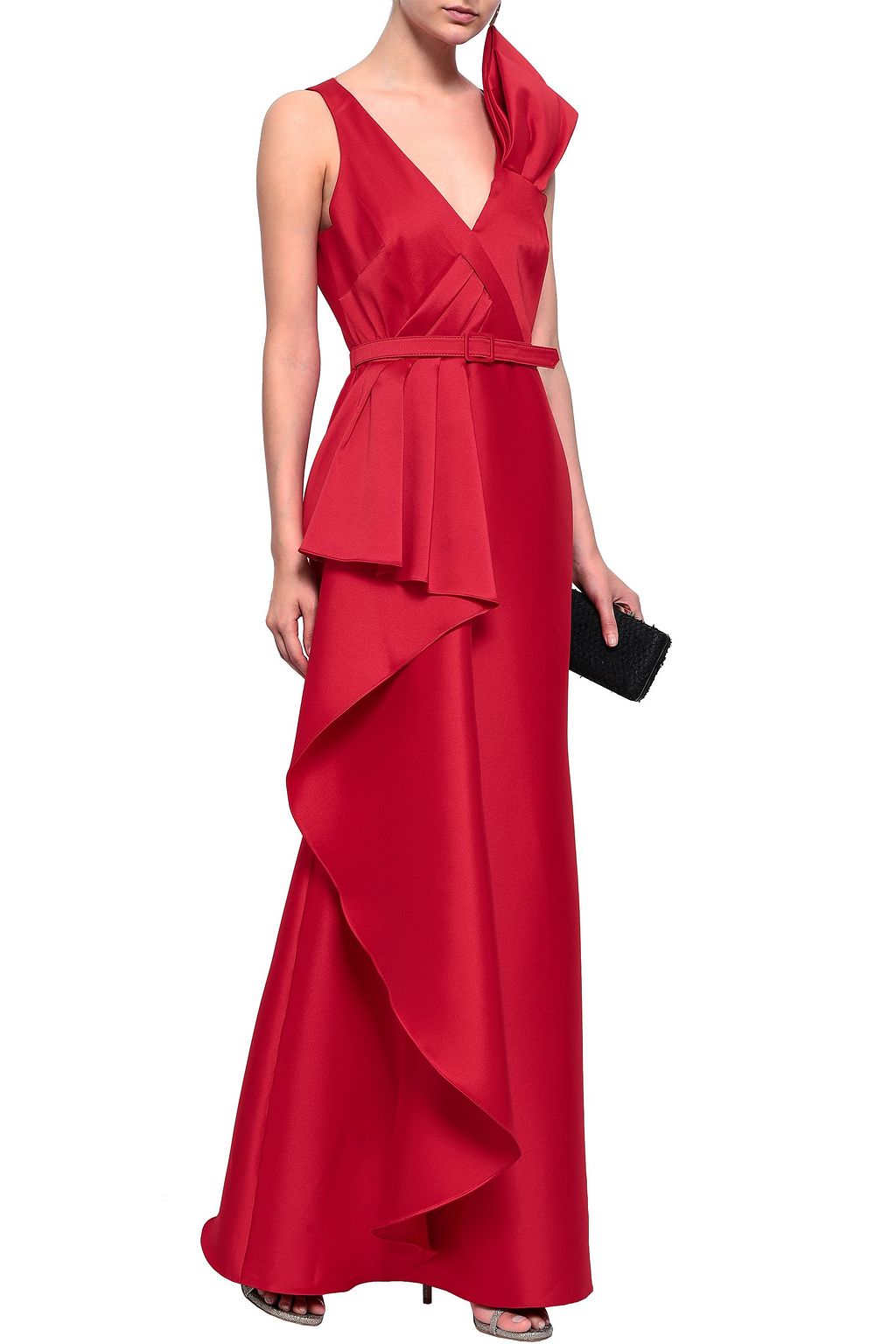 BADGLEY MISCHKA Pleated draped duchesse-satin gown