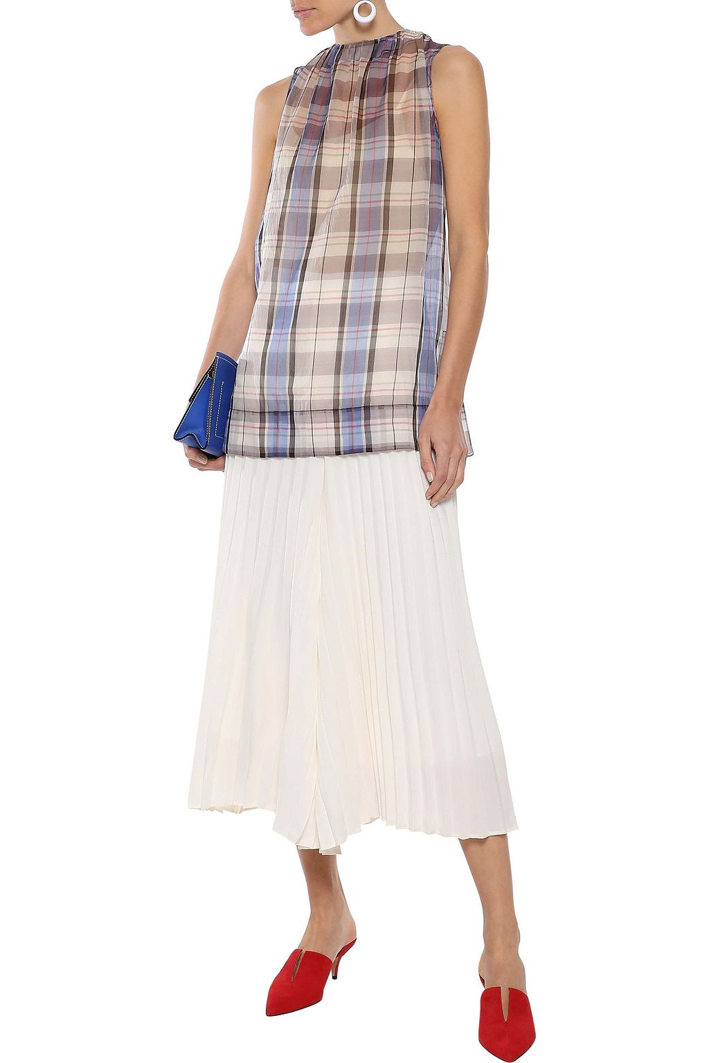 MARNI Gathered checked silk-chiffon top