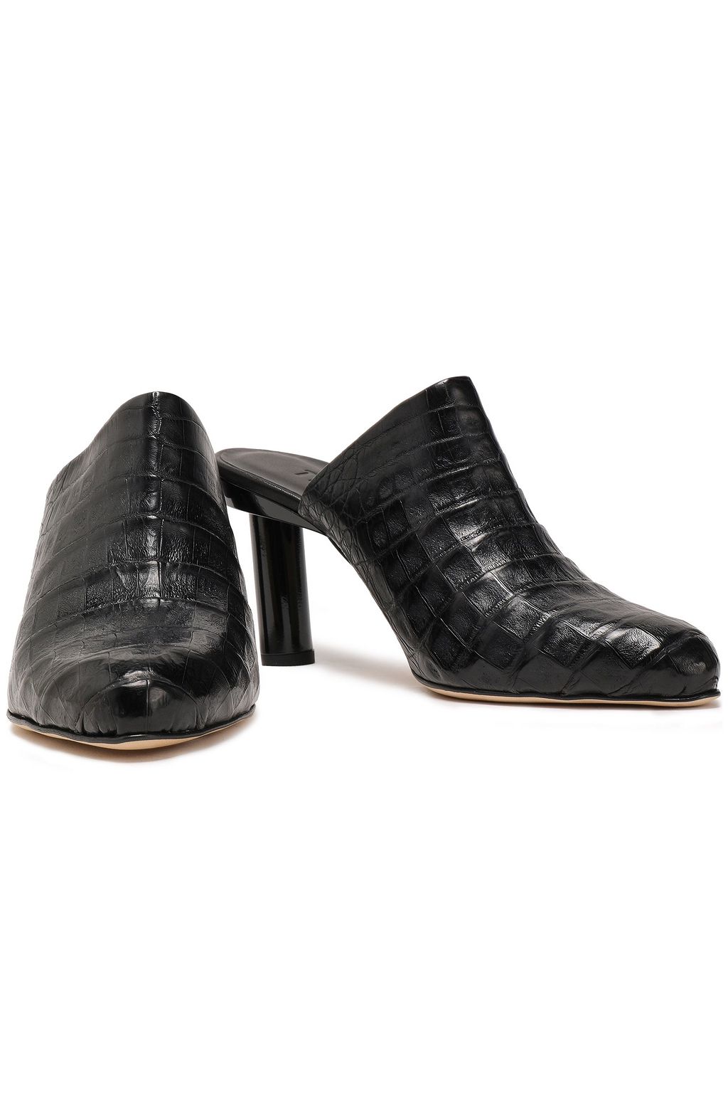 TIBI Zoe patent leather-trimmed crocodile mules