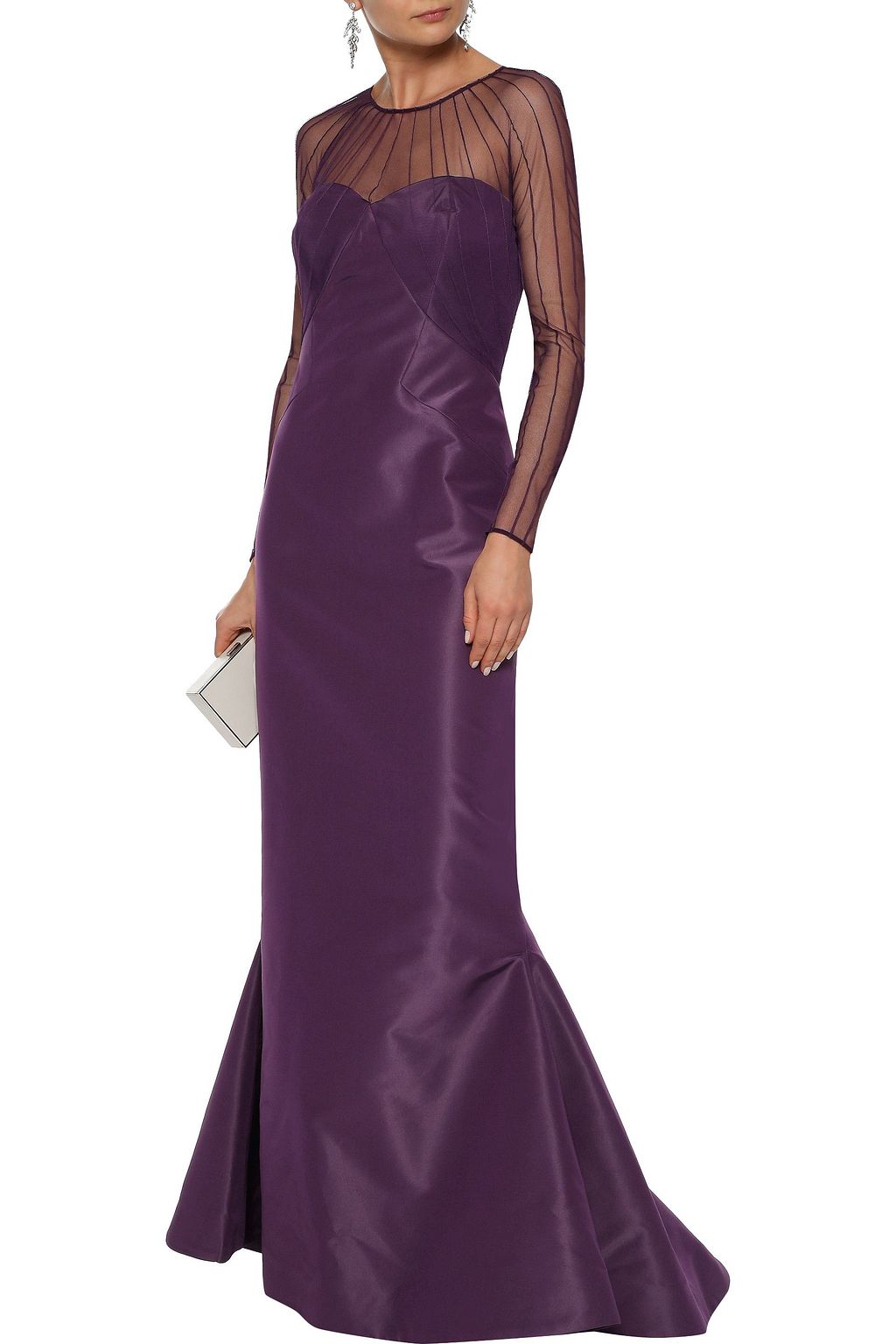 ZAC POSEN Pintucked tulle and duchesse silk-satin gown