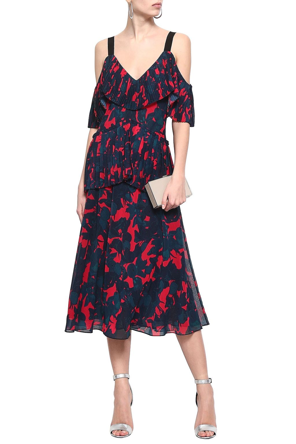 JASON WU Cold-shoulder floral-print georgette peplum midi dress