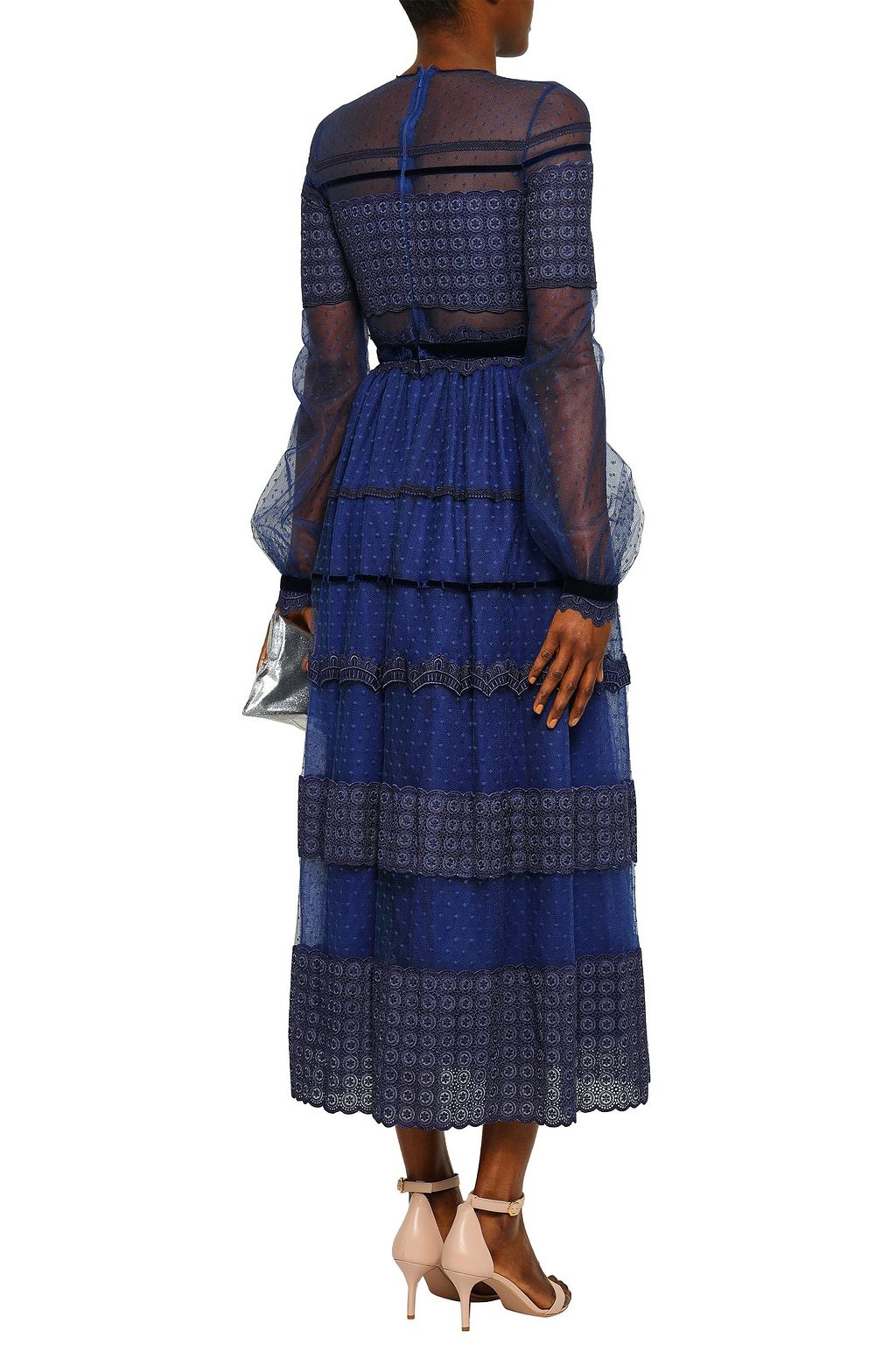 COSTARELLOS Point d'esprit and lace midi dress