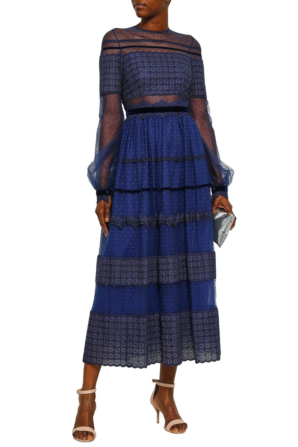 COSTARELLOS Point d'esprit and lace midi dress