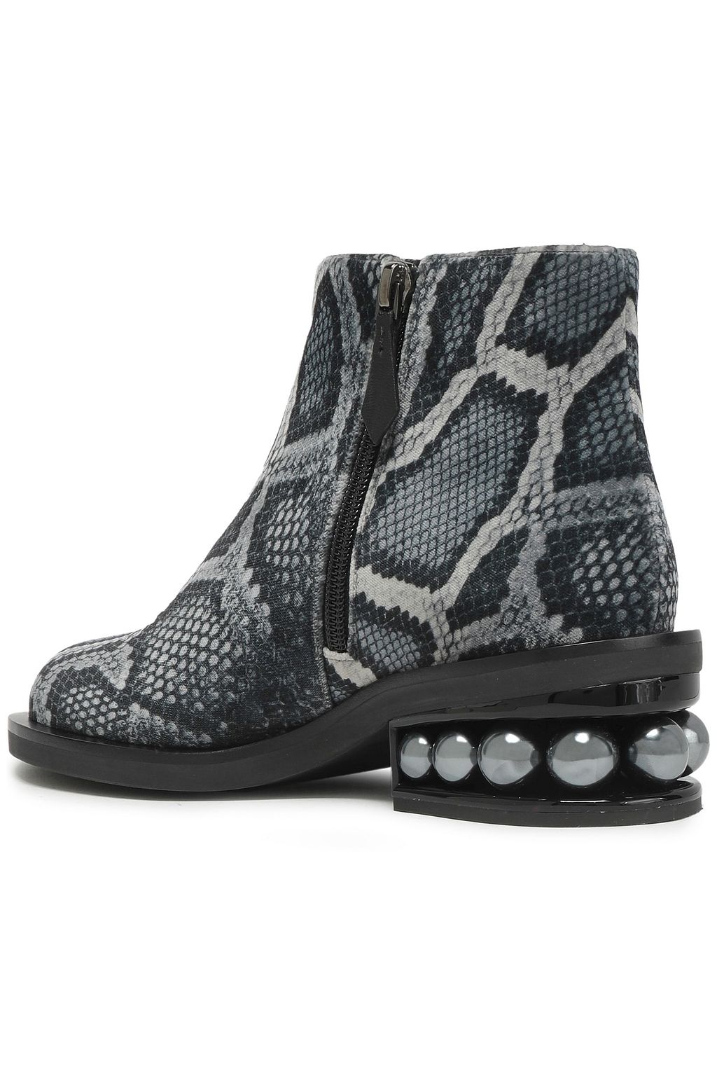 NICHOLAS KIRKWOOD Faux pearl-embellished snake-print velvet ankle boots