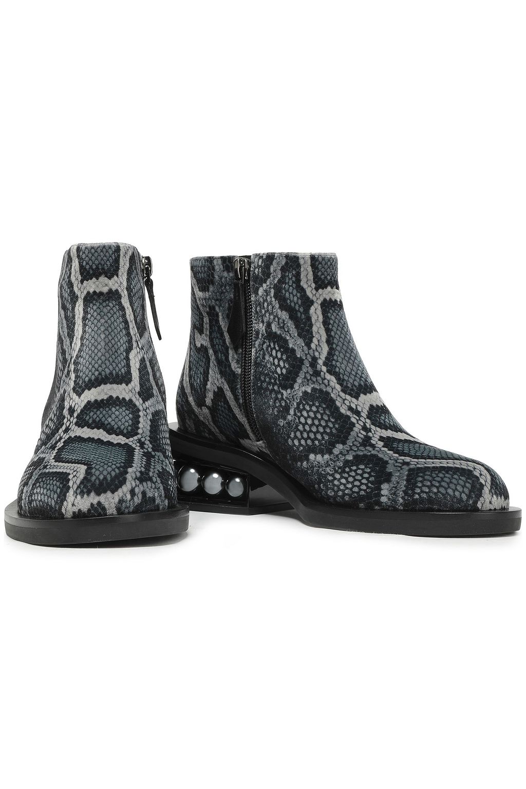 NICHOLAS KIRKWOOD Faux pearl-embellished snake-print velvet ankle boots