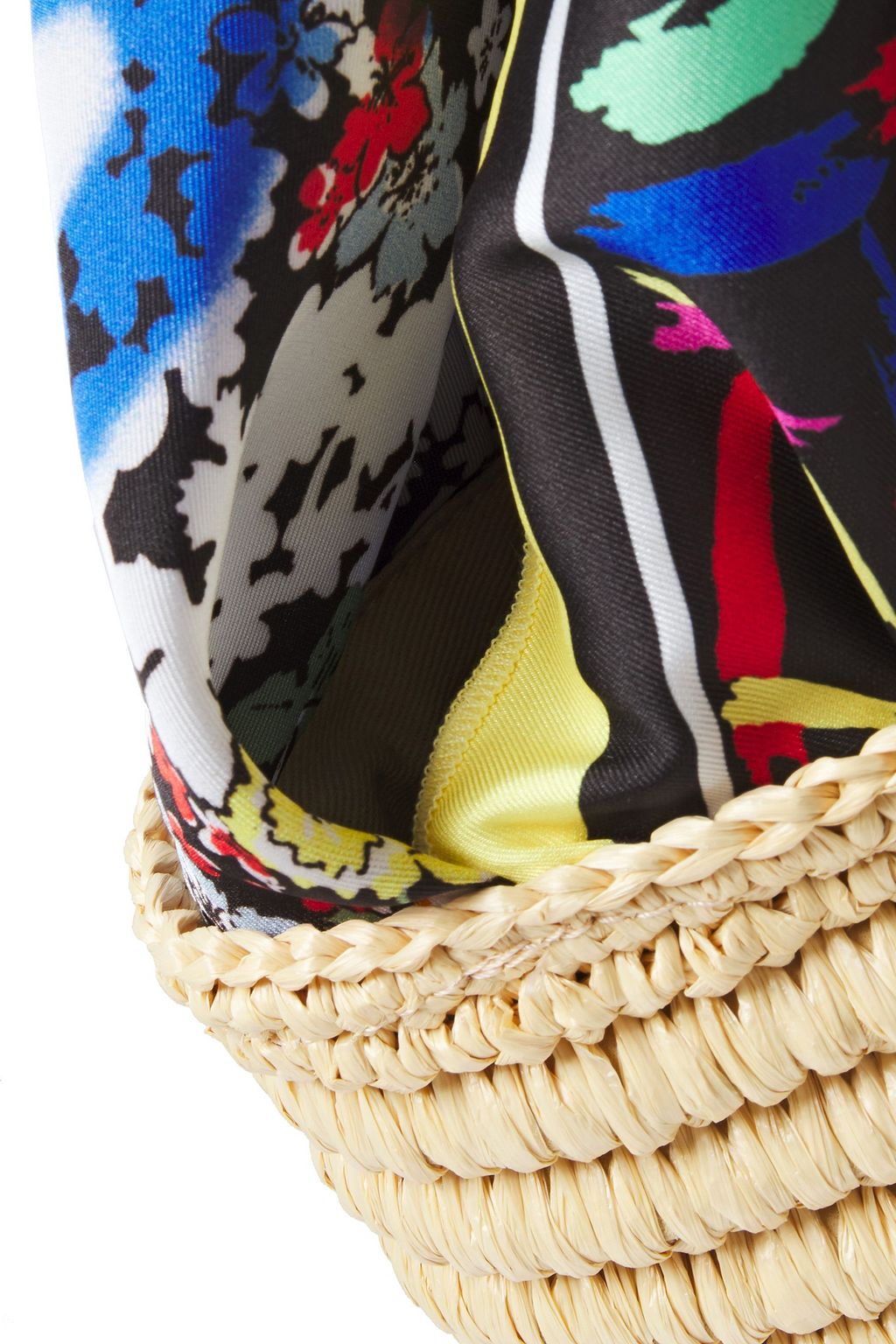 M MISSONI Printed satin-twill and faux raffia bucket bag