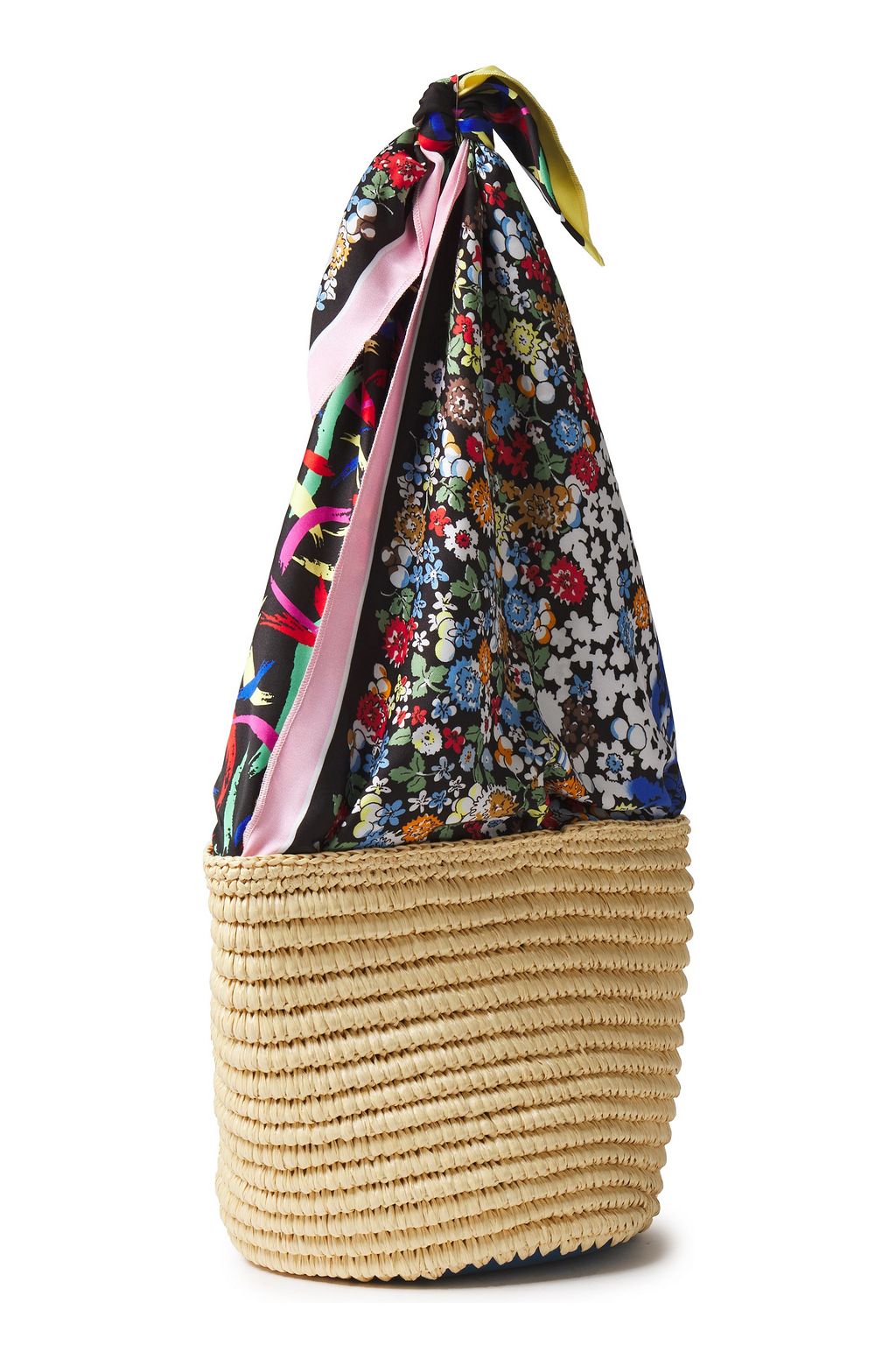 M MISSONI Printed satin-twill and faux raffia bucket bag