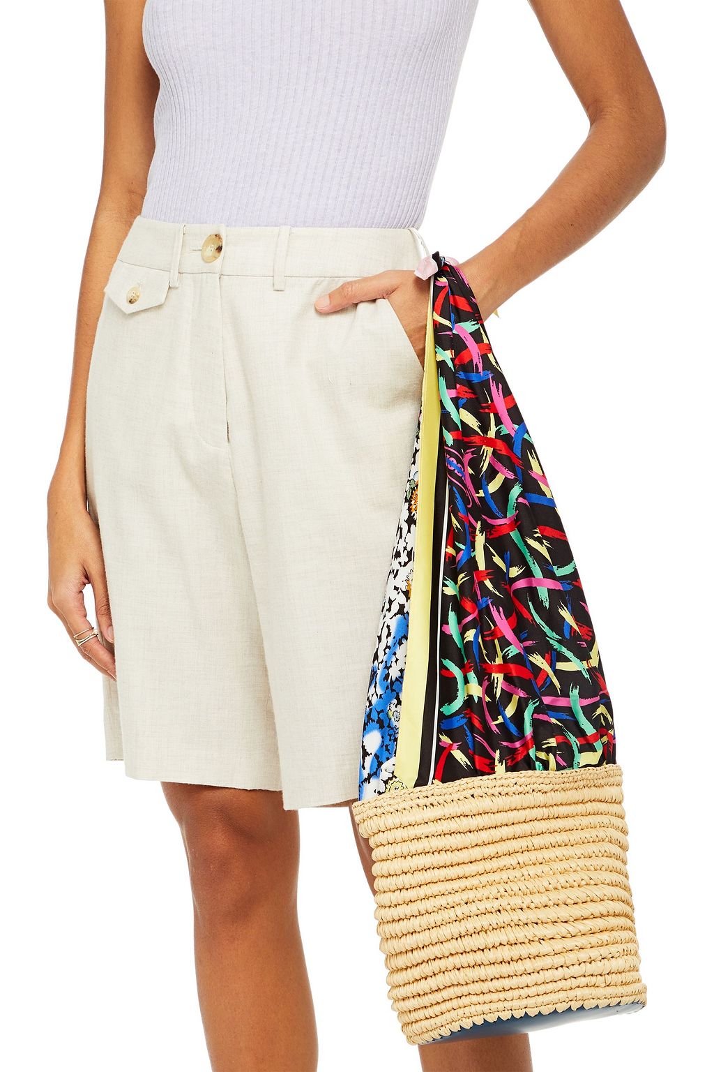 M MISSONI Printed satin-twill and faux raffia bucket bag
