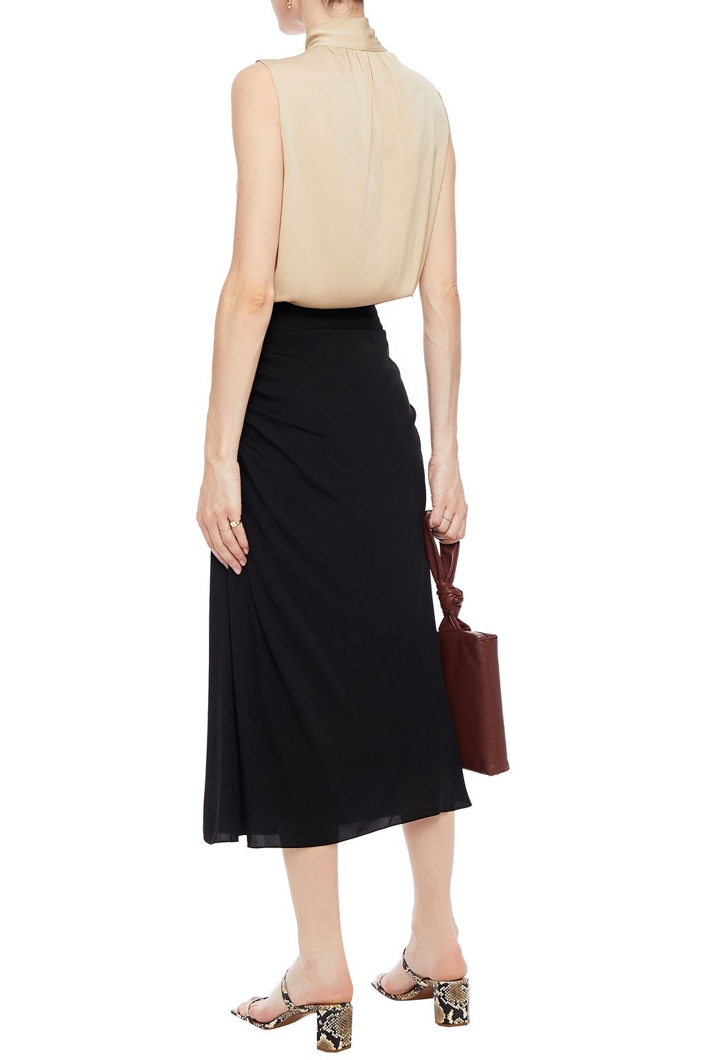 black silk midi skirt outfit
