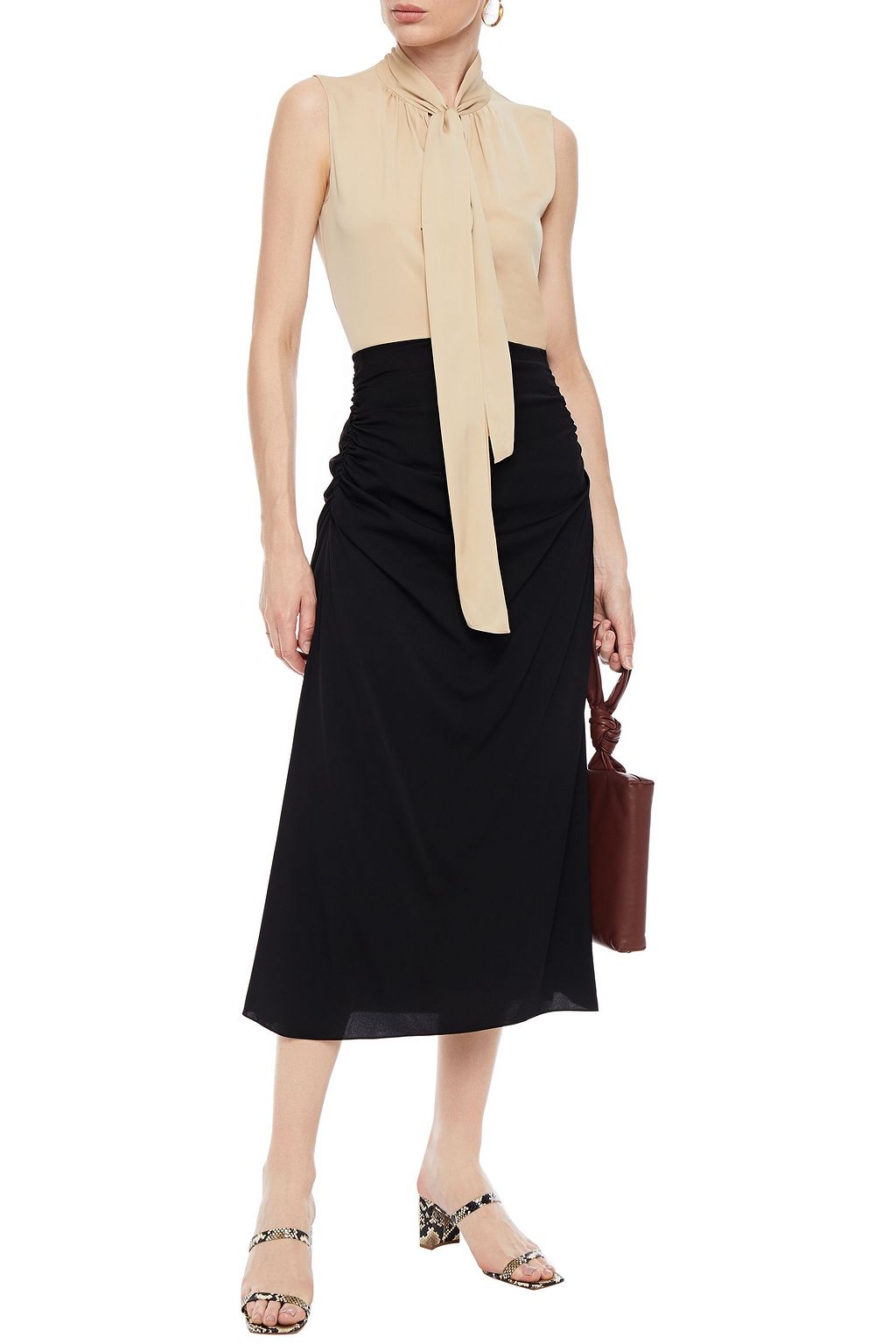 THEORY Ruched stretch-silk midi skirt
