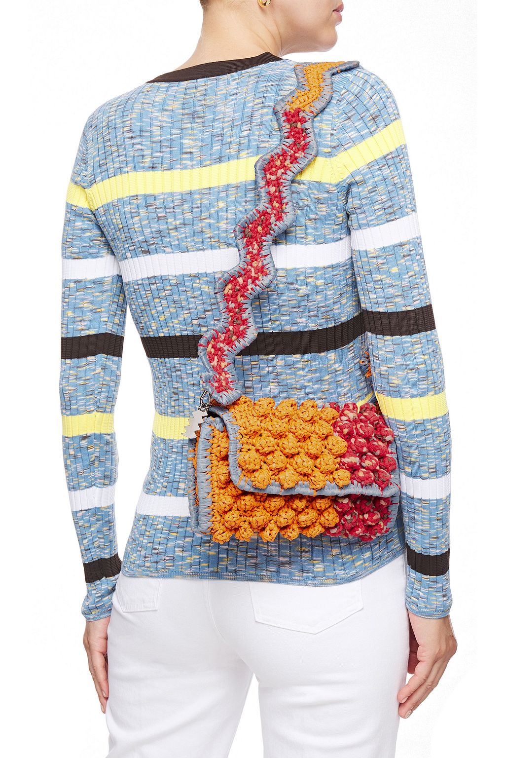 M MISSONI Pompom-embellished faux raffia-paneled crocheted shoulder bag