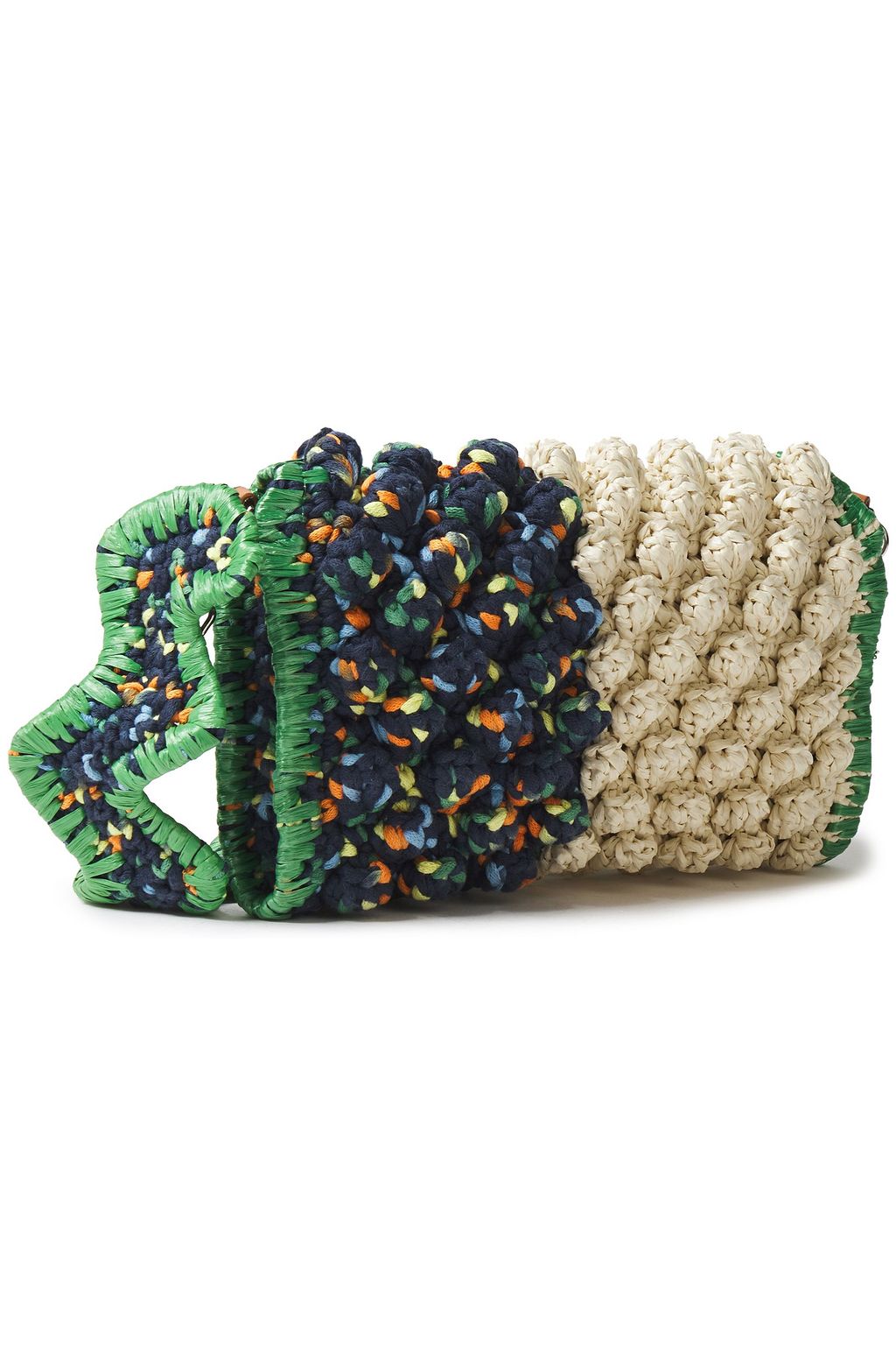 M MISSONI Pompom-embellished faux raffia-paneled crocheted shoulder bag