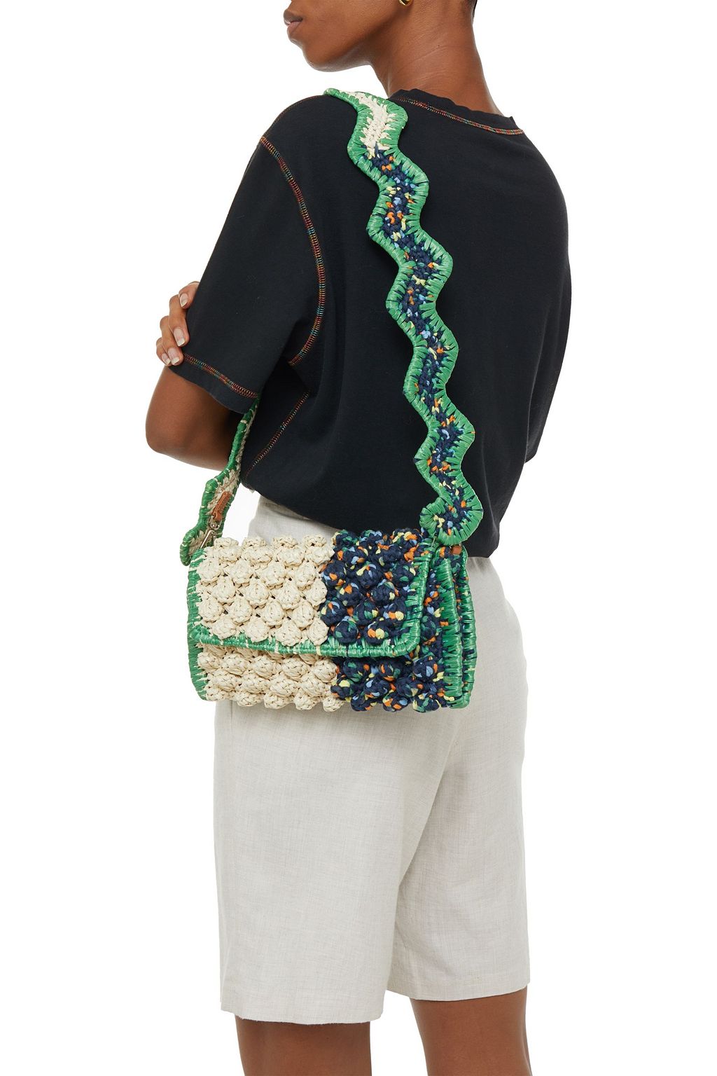 M MISSONI Pompom-embellished faux raffia-paneled crocheted shoulder bag