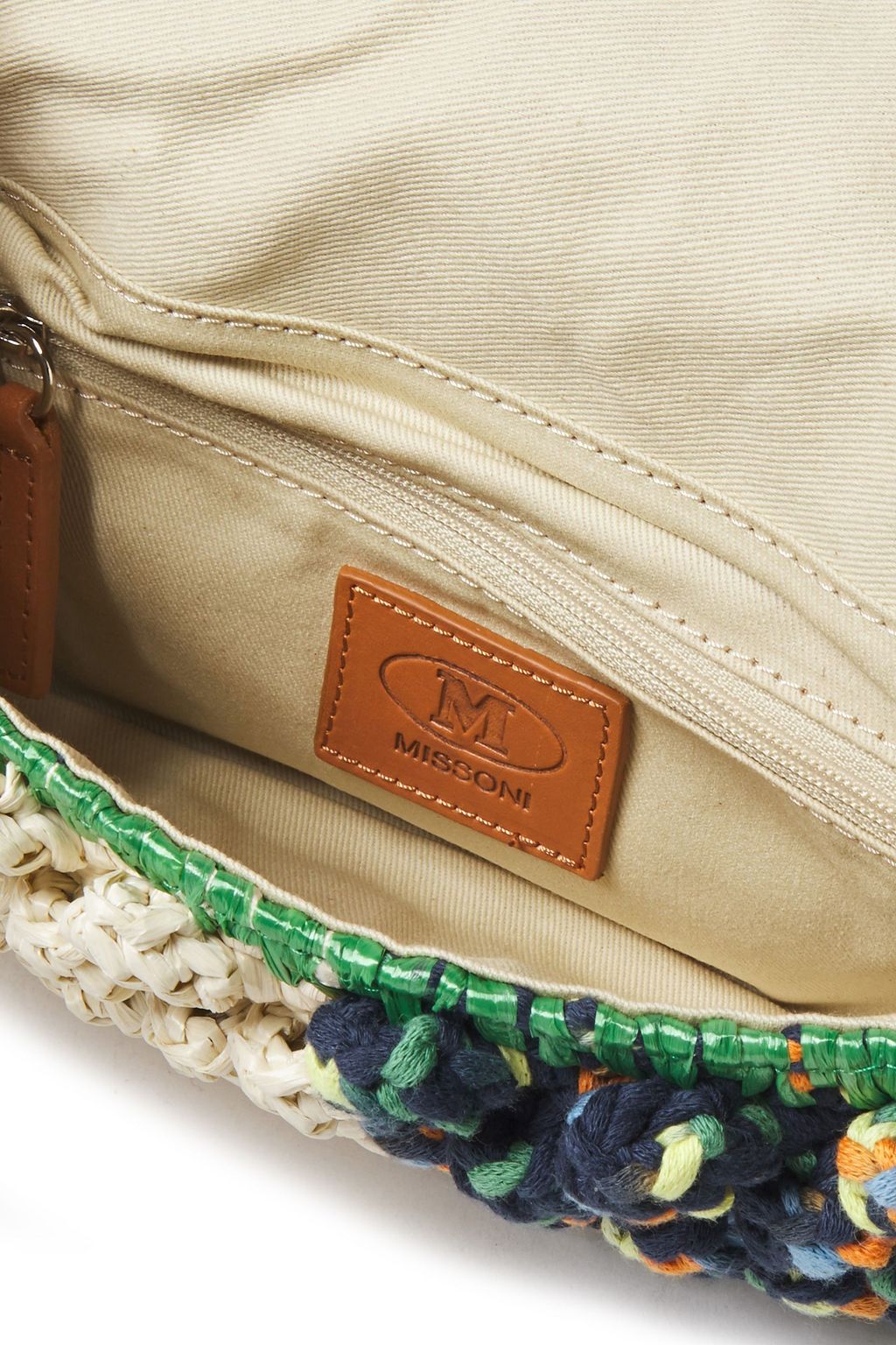 M MISSONI Pompom-embellished faux raffia-paneled crocheted shoulder bag