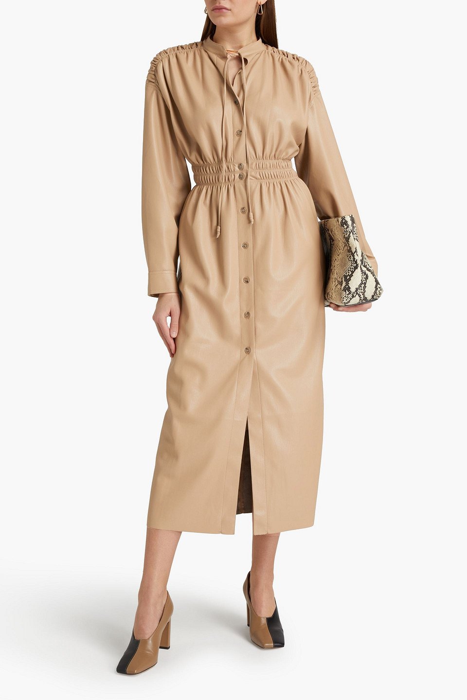 Nanushka Shirred Vegan Leather Midi Shirt Dress In Neutrals