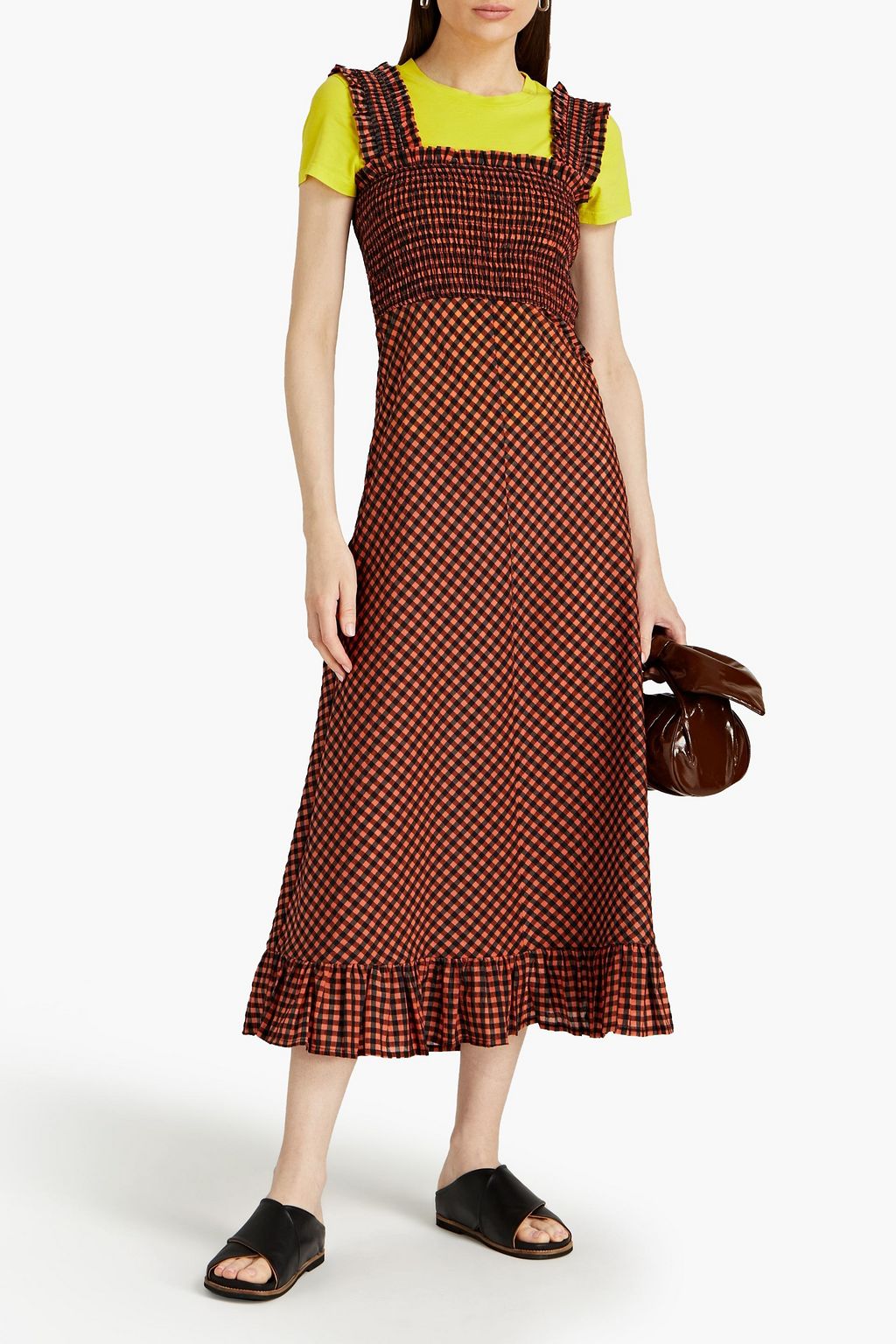 GANNI Shirred iridescent checked seersucker midi dress