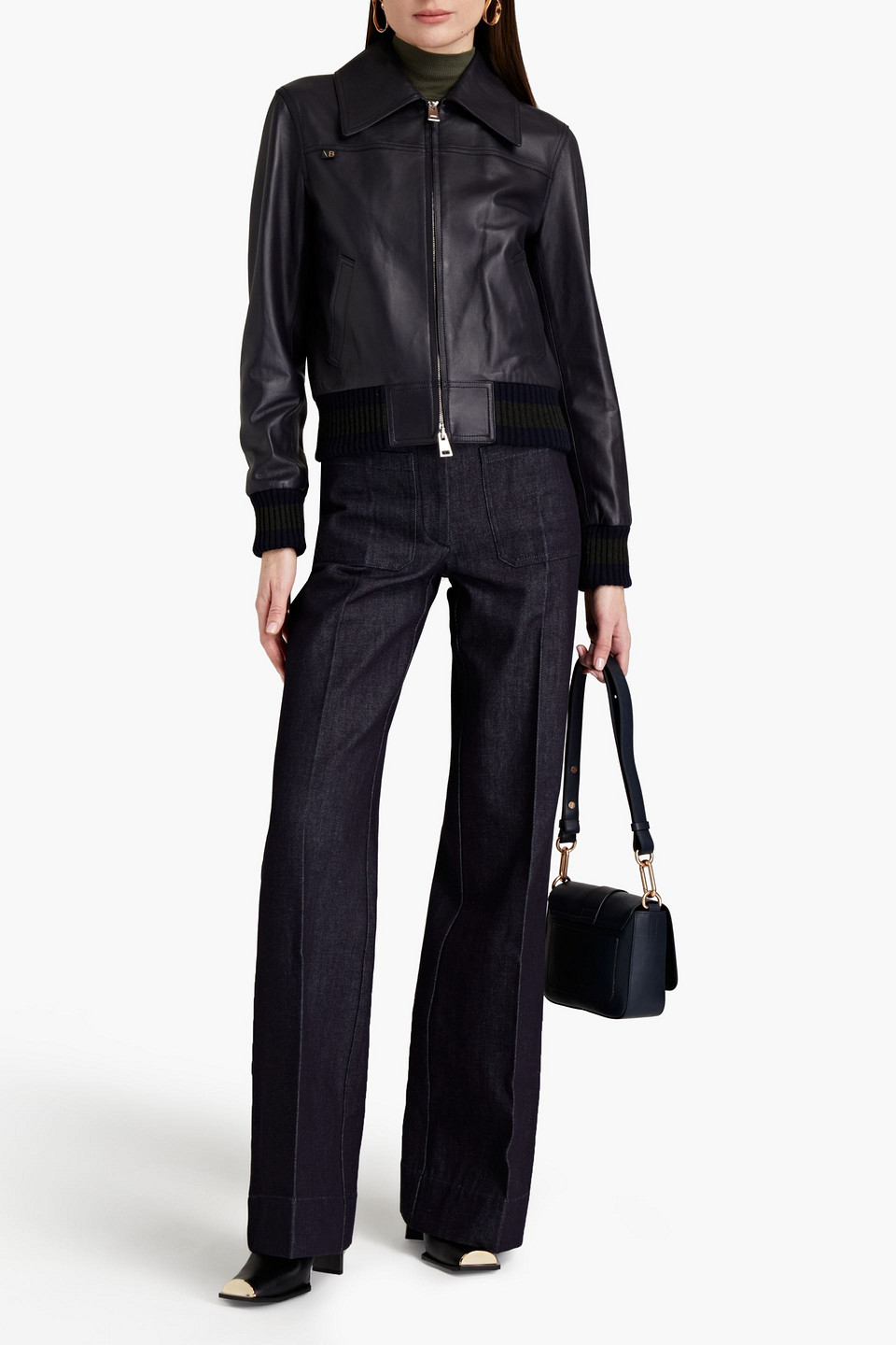 Victoria Beckham Leather Bomber Jacket In Navy ModeSens