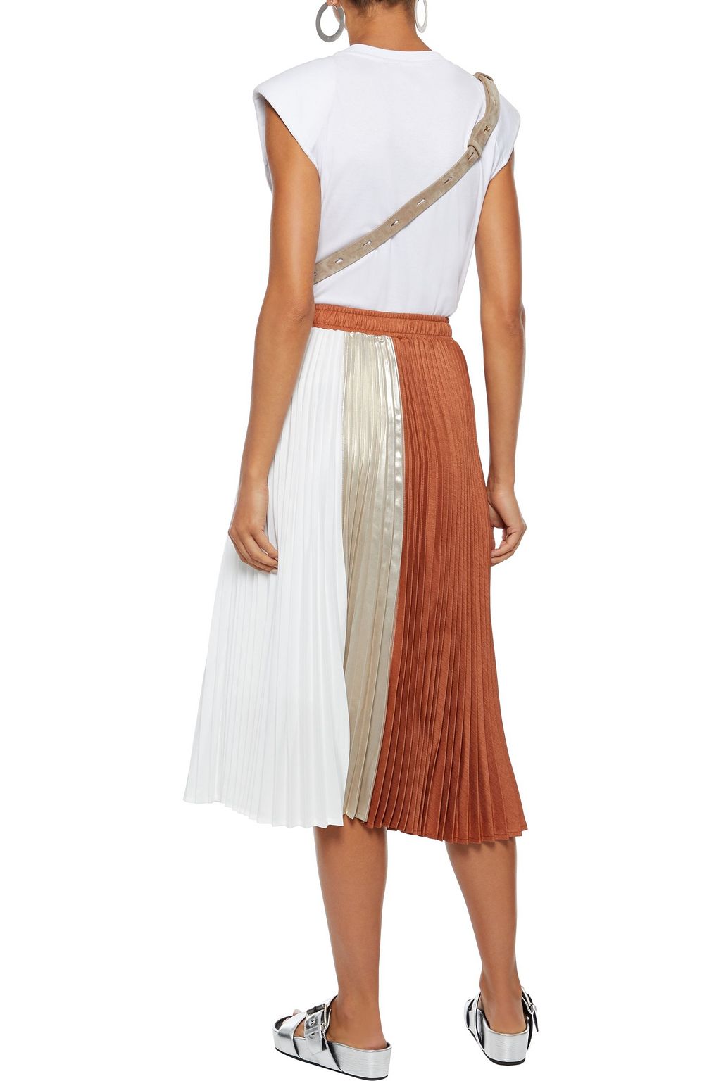 CLU Paneled pleated twill, lamé and voile midi skirt