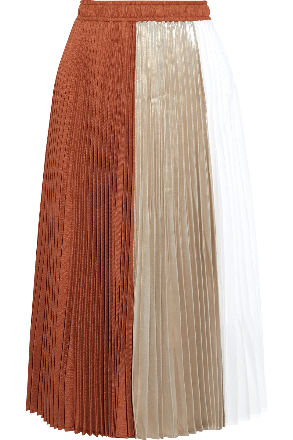 Clu Woman Paneled Pleated Twill Lamé And Voile Midi Skirt Brick Size L