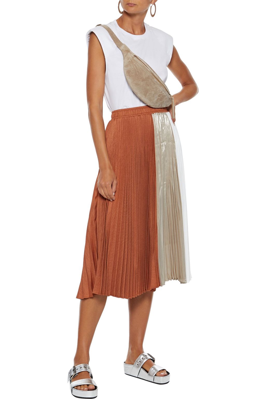 CLU Paneled pleated twill, lamé and voile midi skirt