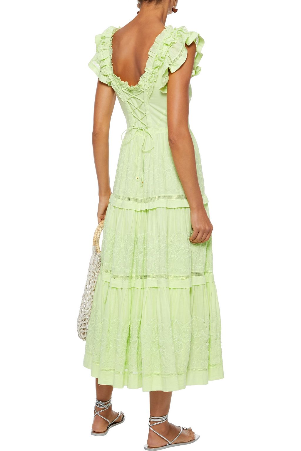ULLA JOHNSON Julietta lace-up tiered broderie anglaise cotton midi dress