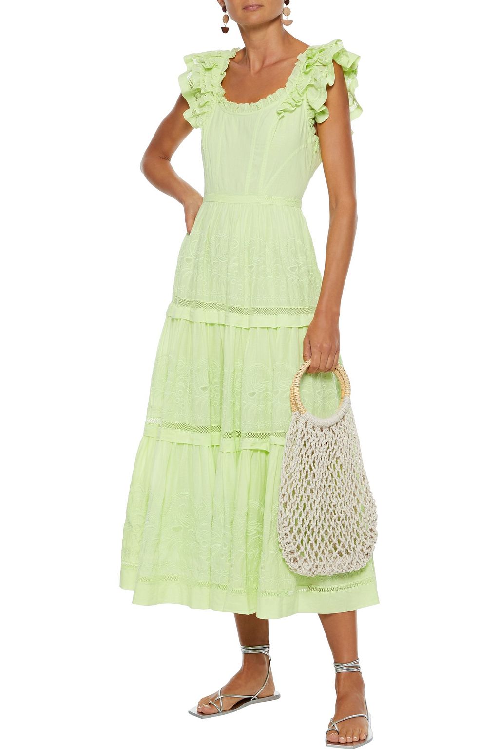 ULLA JOHNSON Julietta lace-up tiered broderie anglaise cotton midi dress