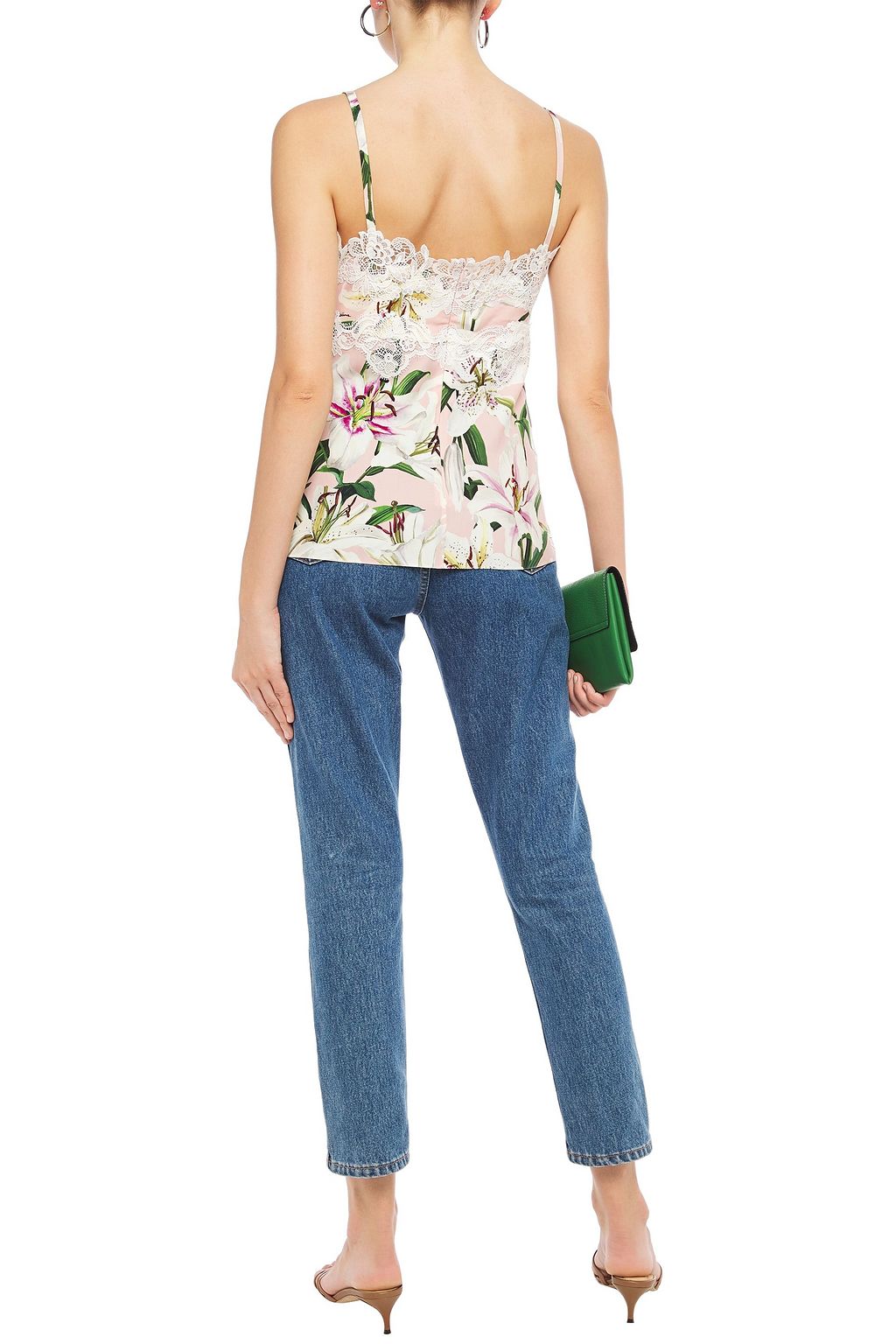 DOLCE&GABBANA Guipure lace-trimmed floral-print silk-blend crepe camisole