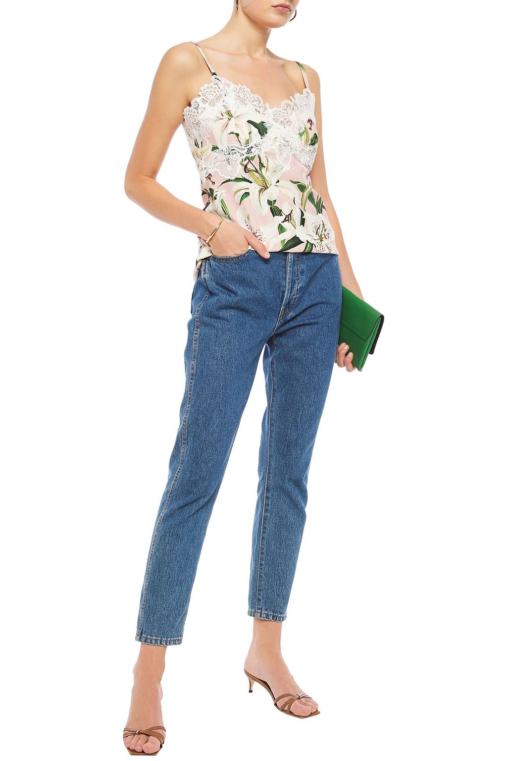 DOLCE&GABBANA Guipure lace-trimmed floral-print silk-blend crepe camisole
