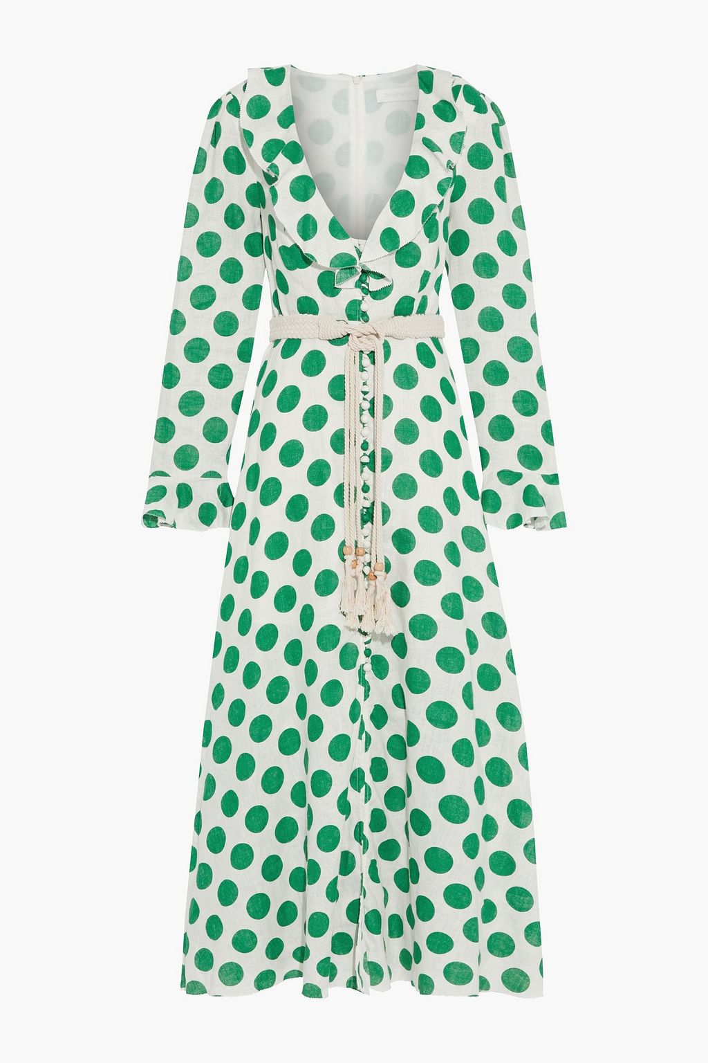 Green Amari Plunge Frill belted polka-dot linen maxi dress | ZIMMERMANN ...