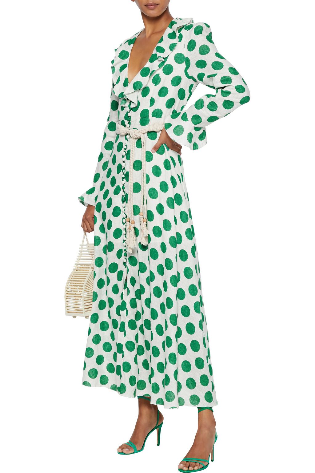 ZIMMERMANN Amari Plunge Frill belted polka-dot linen maxi dress
