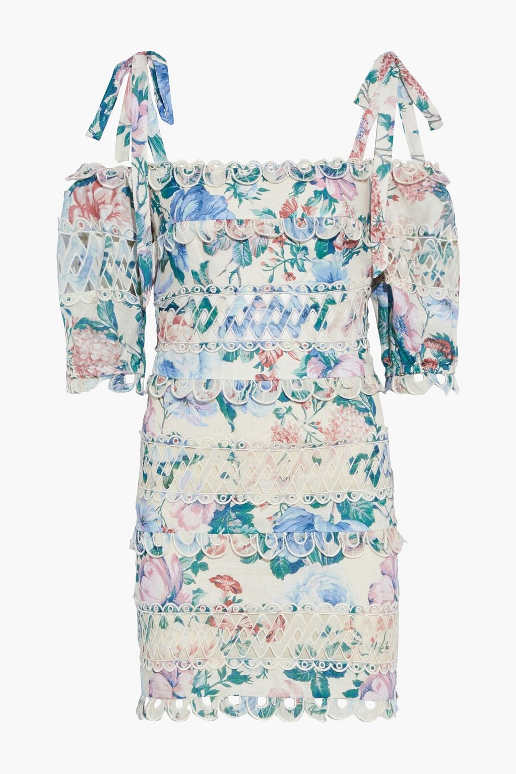 ZIMMERMANN Cold-shoulder floral-print broderie anglaise linen mini ...